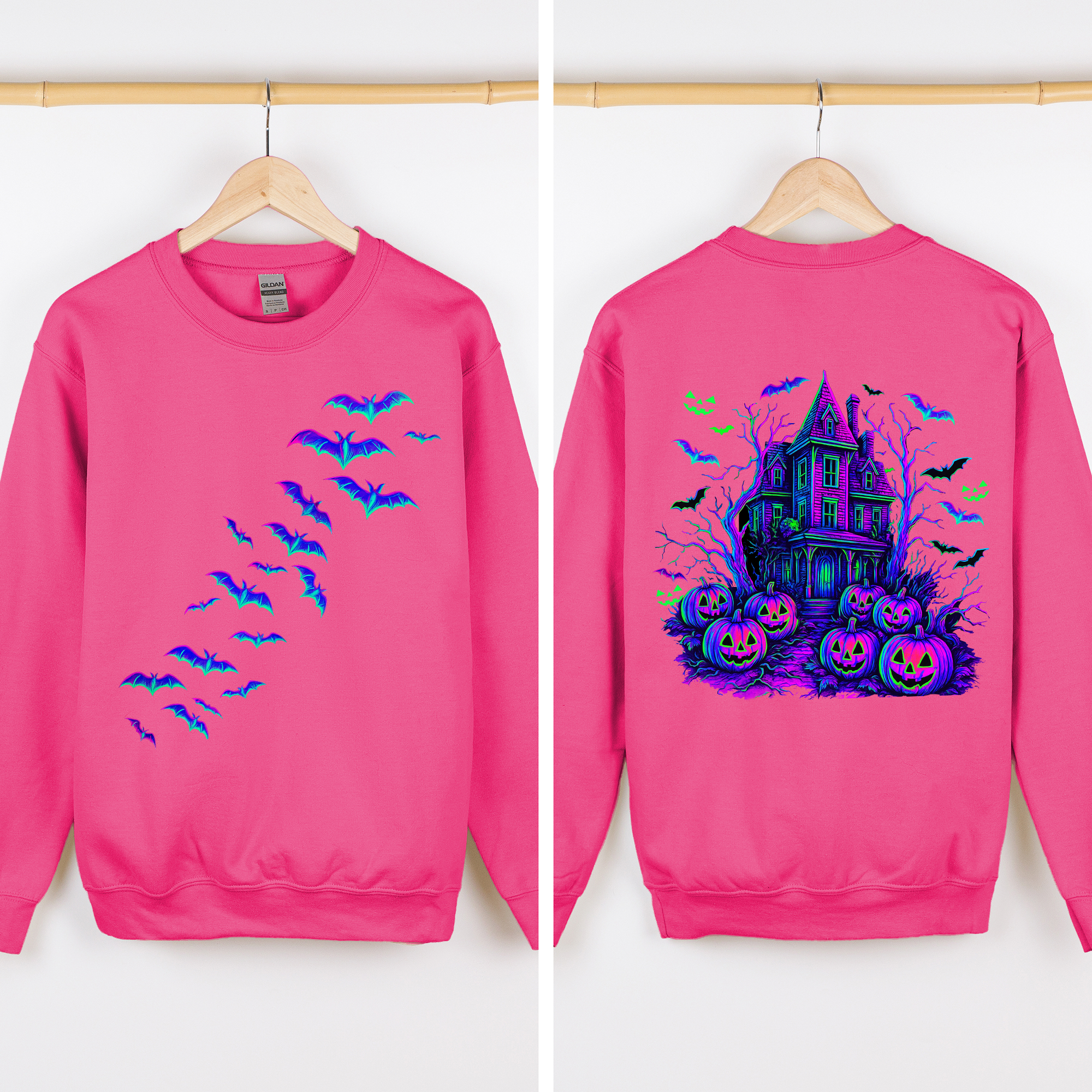 Haunted House Bright Colors Halloween Scene With Bats And Ghosts Spooky Night Parade Sweatshirt