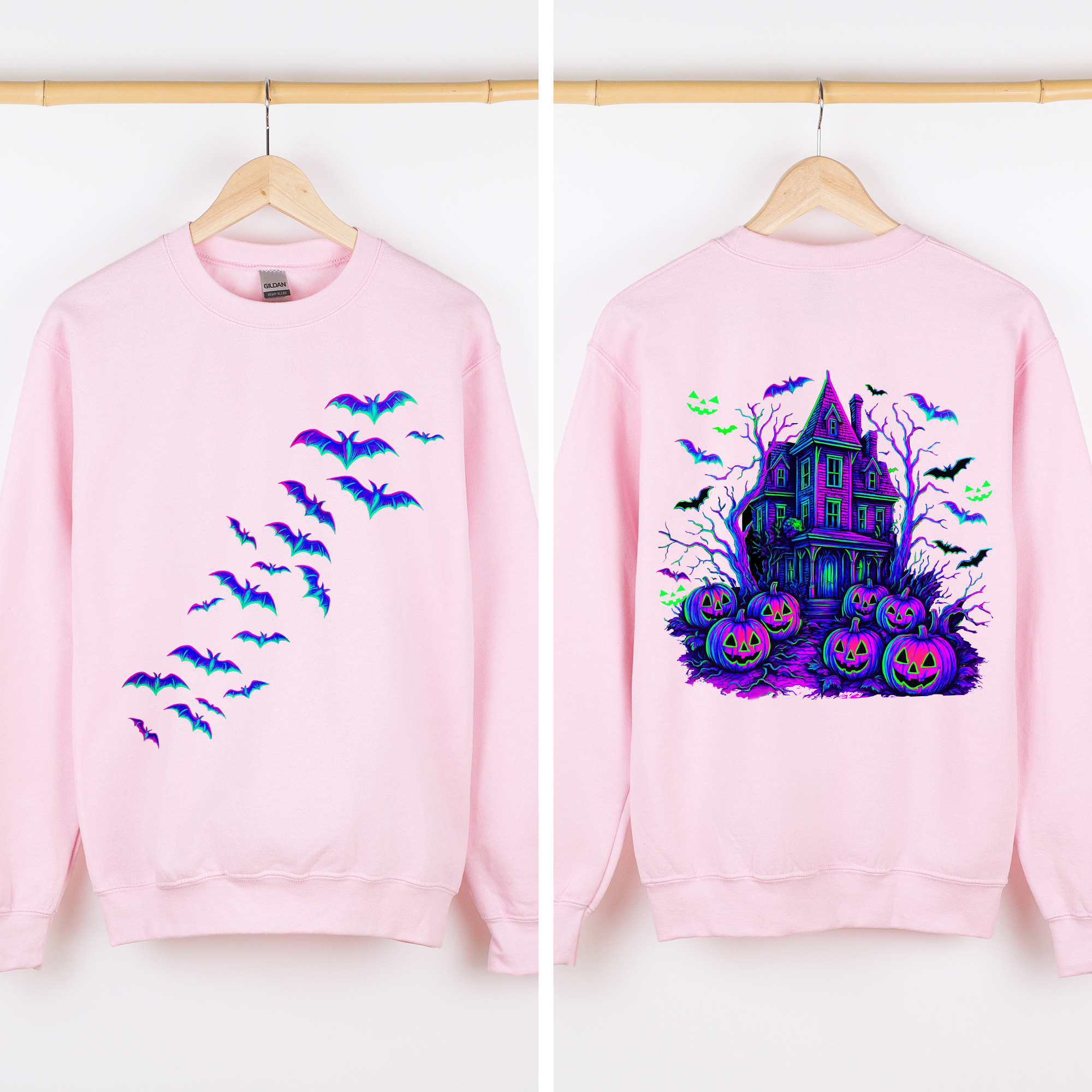 Haunted House Bright Colors Halloween Scene With Bats And Ghosts Spooky Night Parade Sweatshirt