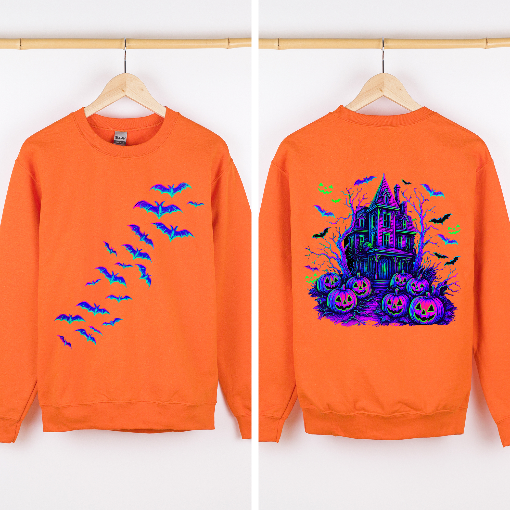 Haunted House Bright Colors Halloween Scene With Bats And Ghosts Spooky Night Parade Sweatshirt