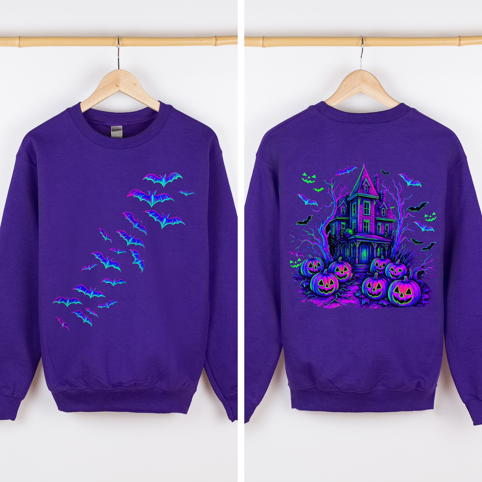 Haunted House Bright Colors Halloween Scene With Bats And Ghosts Spooky Night Parade Sweatshirt