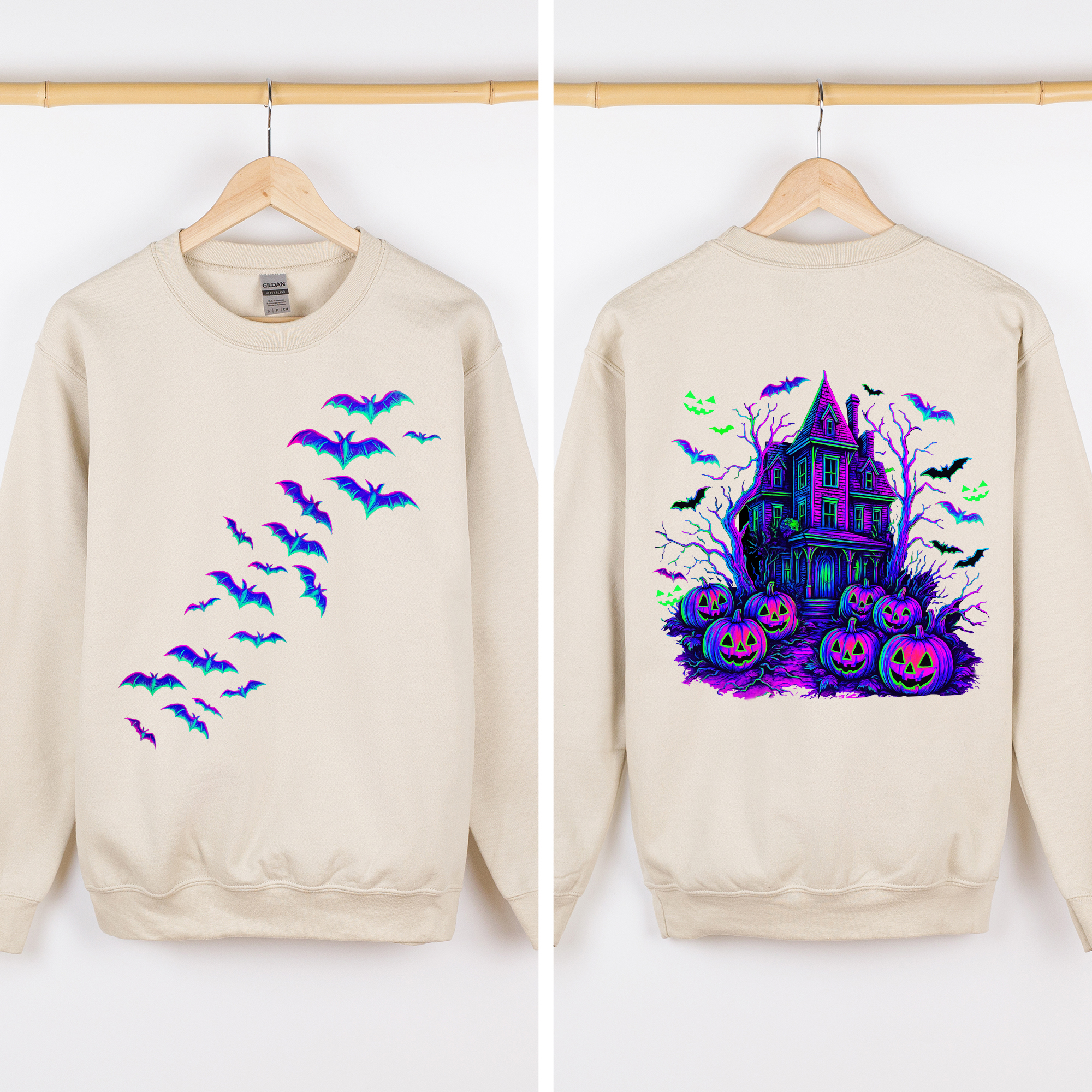 Haunted House Bright Colors Halloween Scene With Bats And Ghosts Spooky Night Parade Sweatshirt