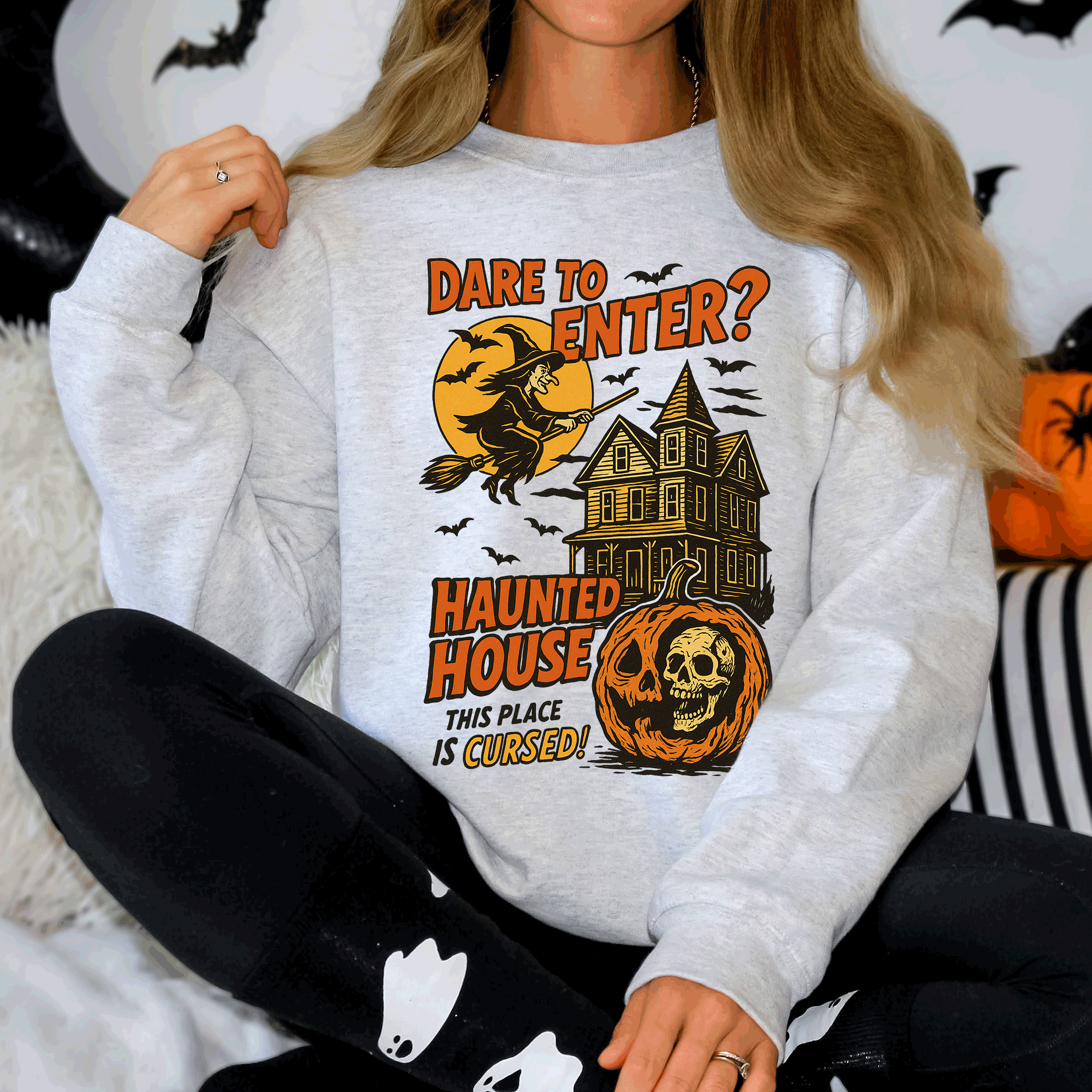 Haunted House Halloween Retro Spooky Witch Night Sky Moonlit Pumpkin Tales Vintage Illustration Sweatshirt