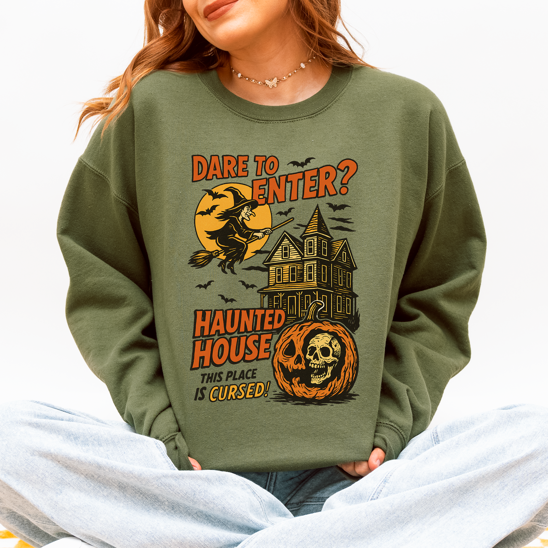 Haunted House Halloween Retro Spooky Witch Night Sky Moonlit Pumpkin Tales Vintage Illustration Sweatshirt