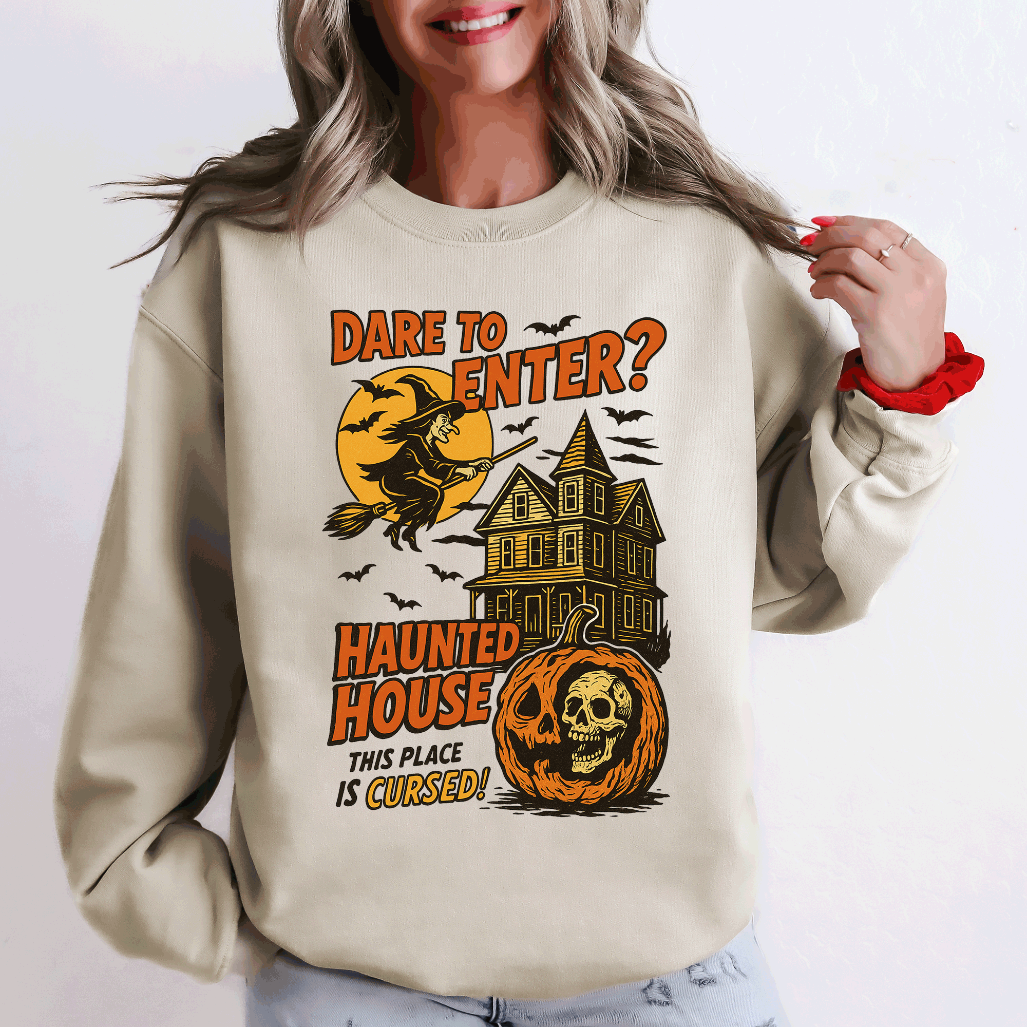 Haunted House Halloween Retro Spooky Witch Night Sky Moonlit Pumpkin Tales Vintage Illustration Sweatshirt