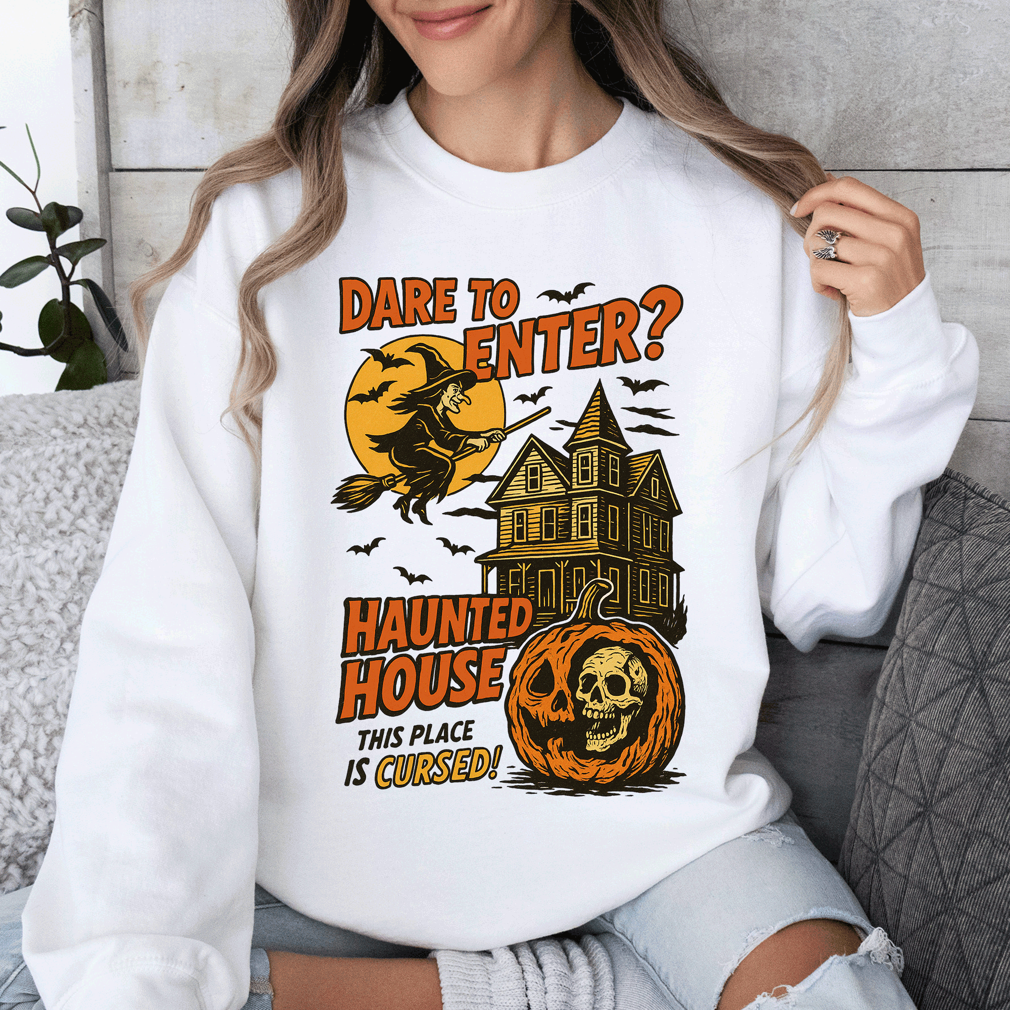 Haunted House Halloween Retro Spooky Witch Night Sky Moonlit Pumpkin Tales Vintage Illustration Sweatshirt