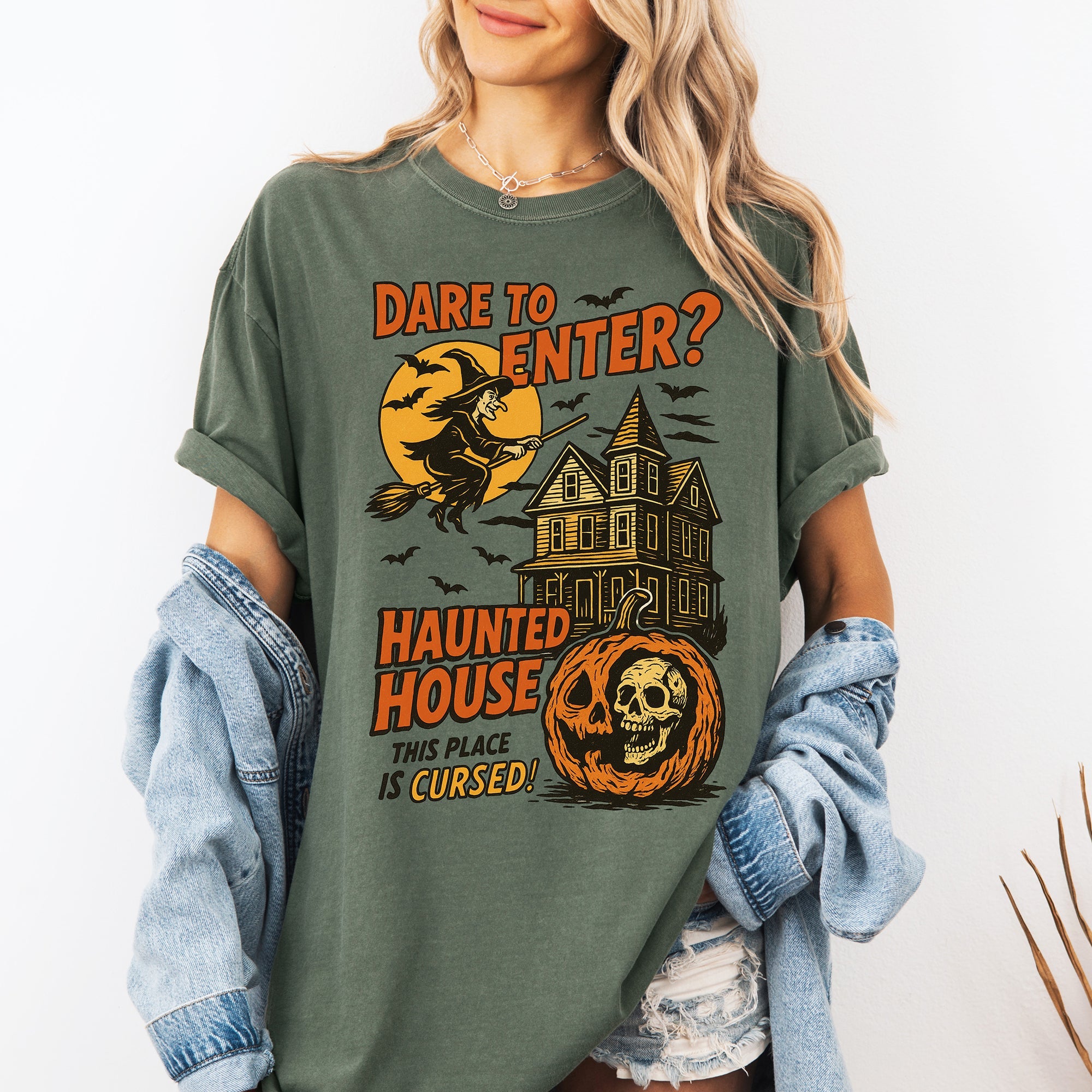 Haunted House Halloween Retro Spooky Witch Nightscape Limited Edition Collection Comfort Colors Tee