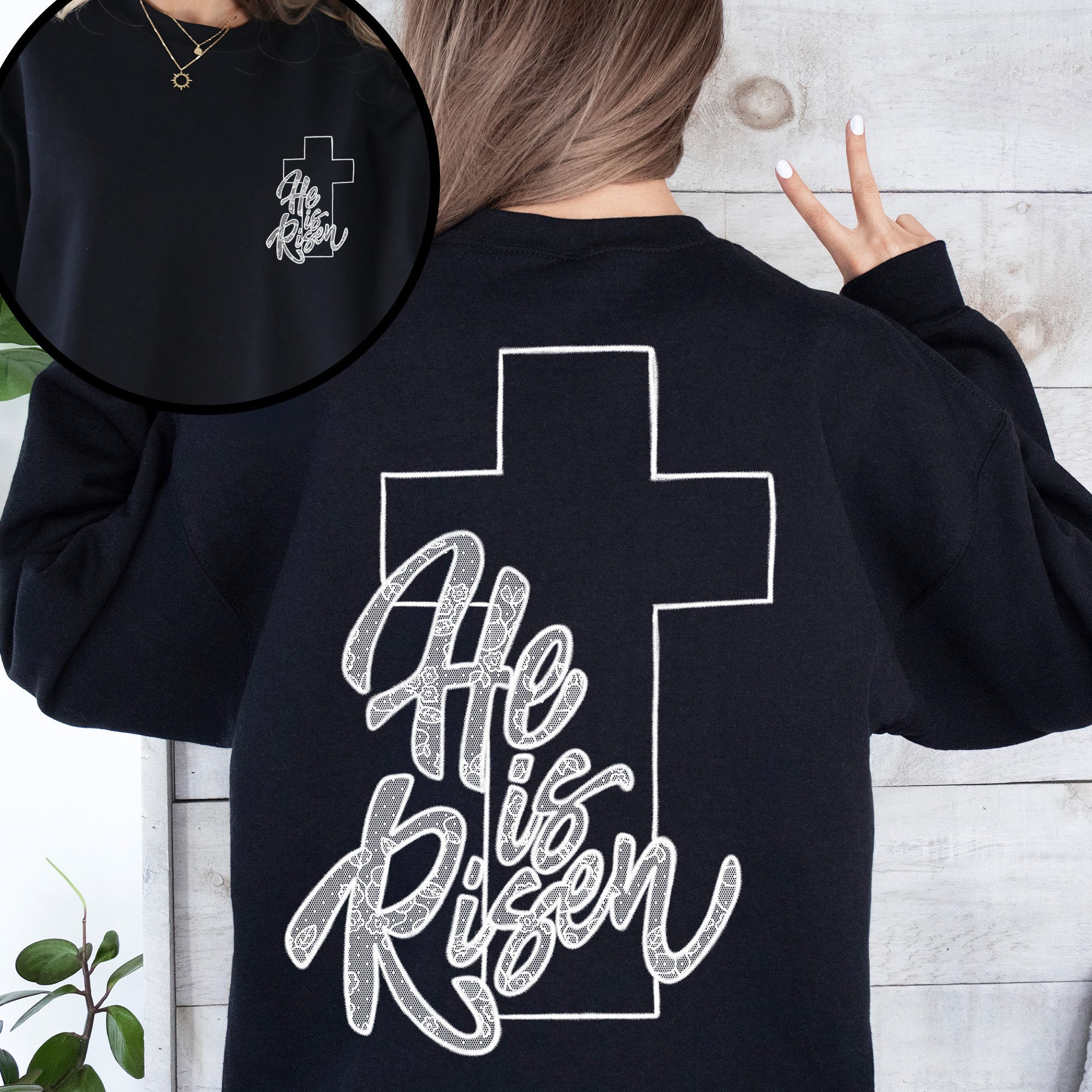 He Is Risen Faux Lace Girly Cross Coquette Christian Jesus Gospel Faith Saved Sweatshirt