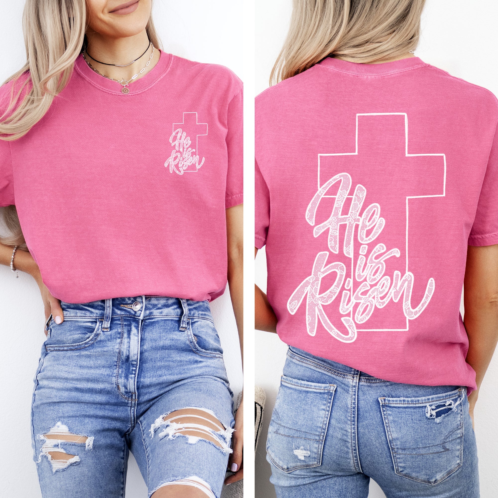 He Is Risen Faux Lace Girly Cross Christian Jesus Gospel Faith Saved Comfort Colors Tee