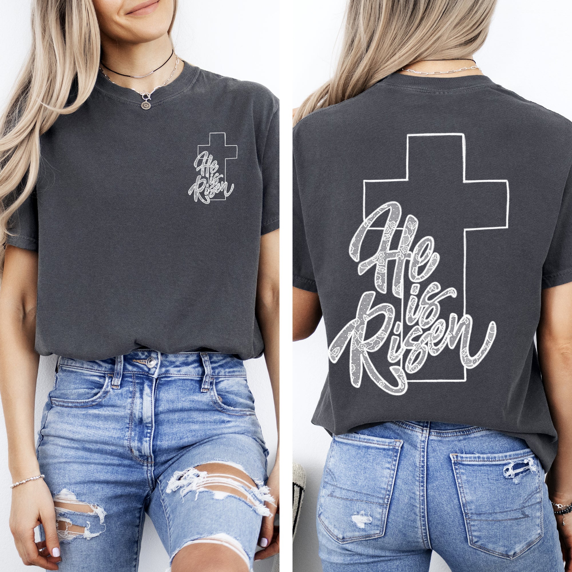 He Is Risen Faux Lace Girly Cross Christian Jesus Gospel Faith Saved Comfort Colors Tee