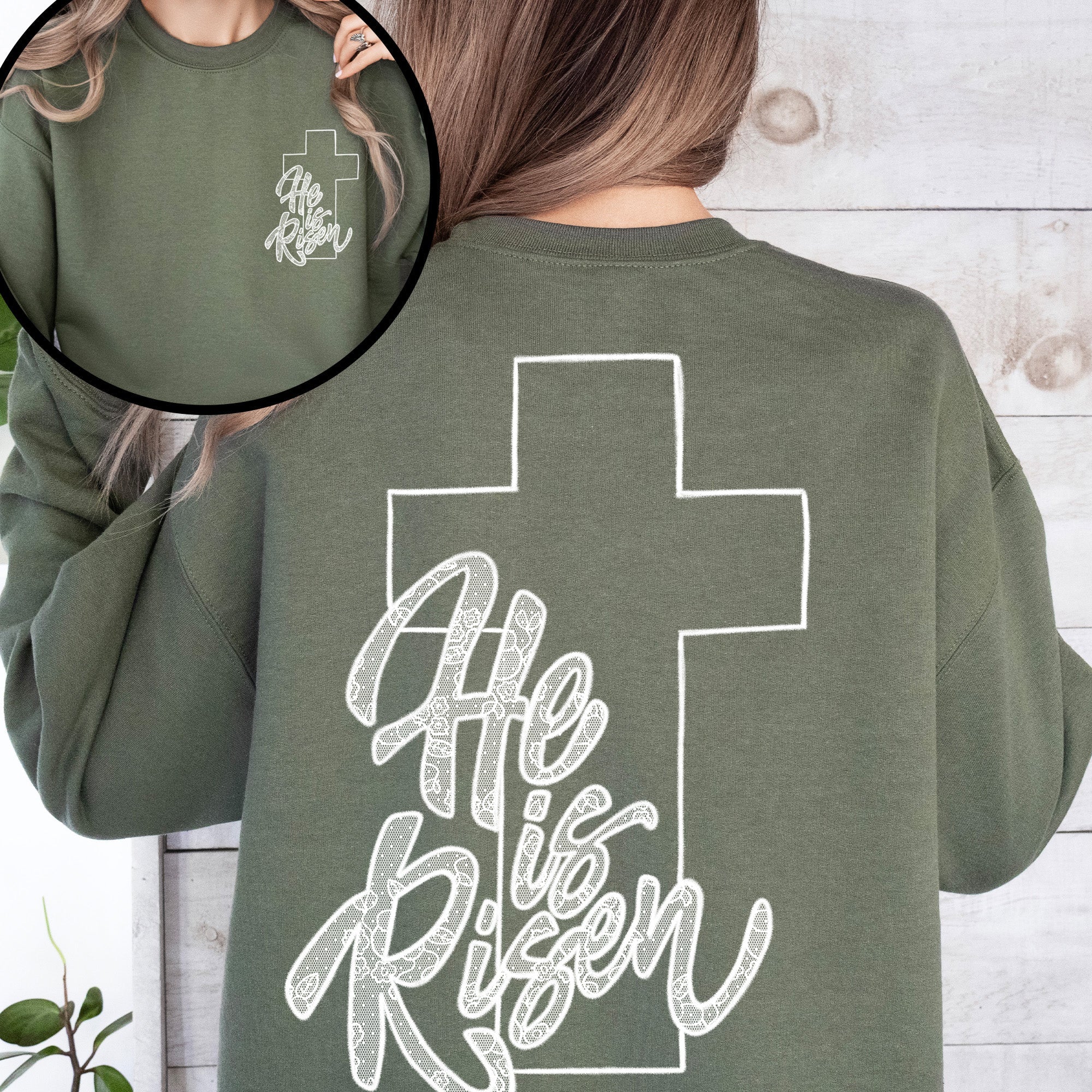 He Is Risen Faux Lace Girly Cross Coquette Christian Jesus Gospel Faith Saved Sweatshirt