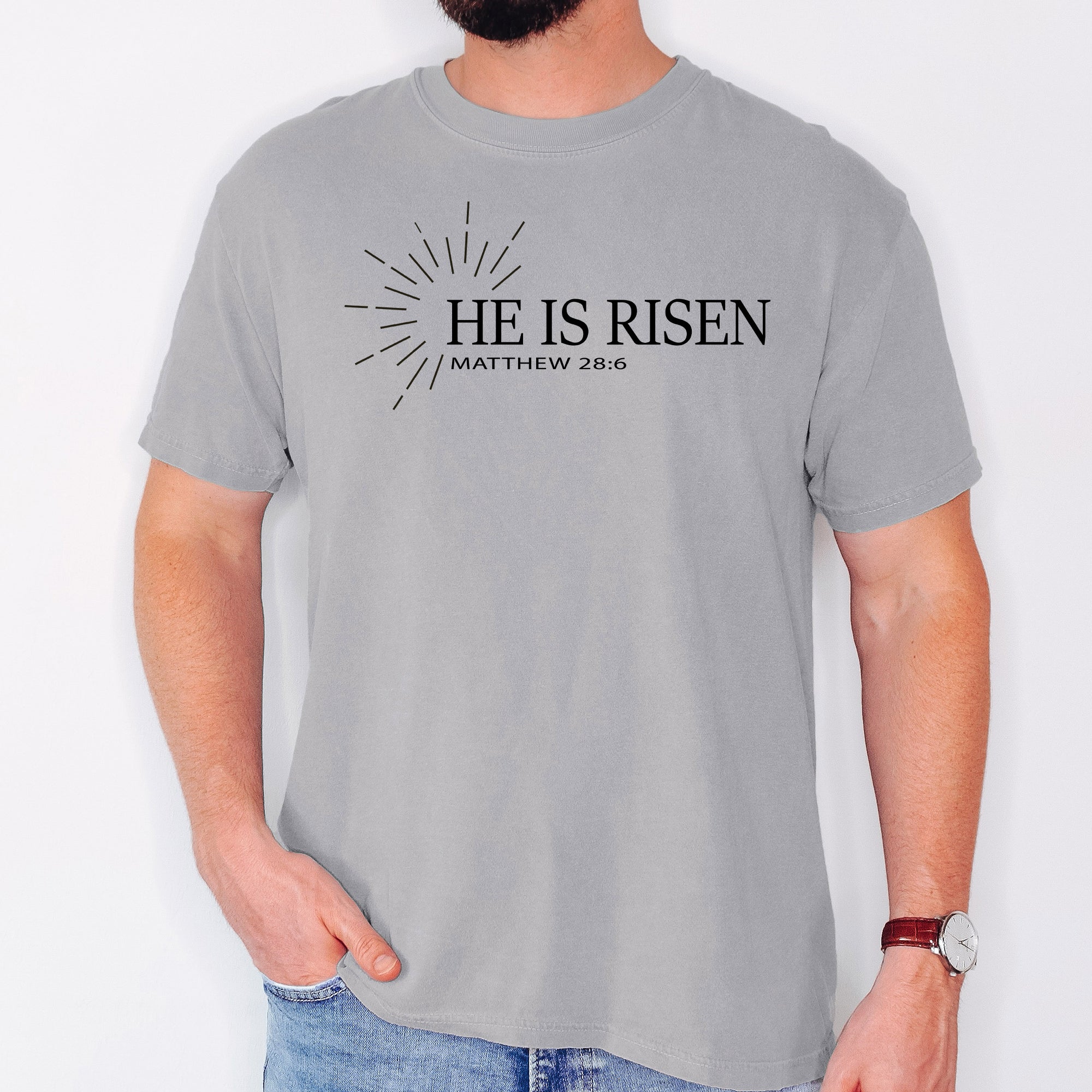 He Is Risen Matthew Christian Jesus Gospel Faith Saved Bible Verse Comfort Colors Tee