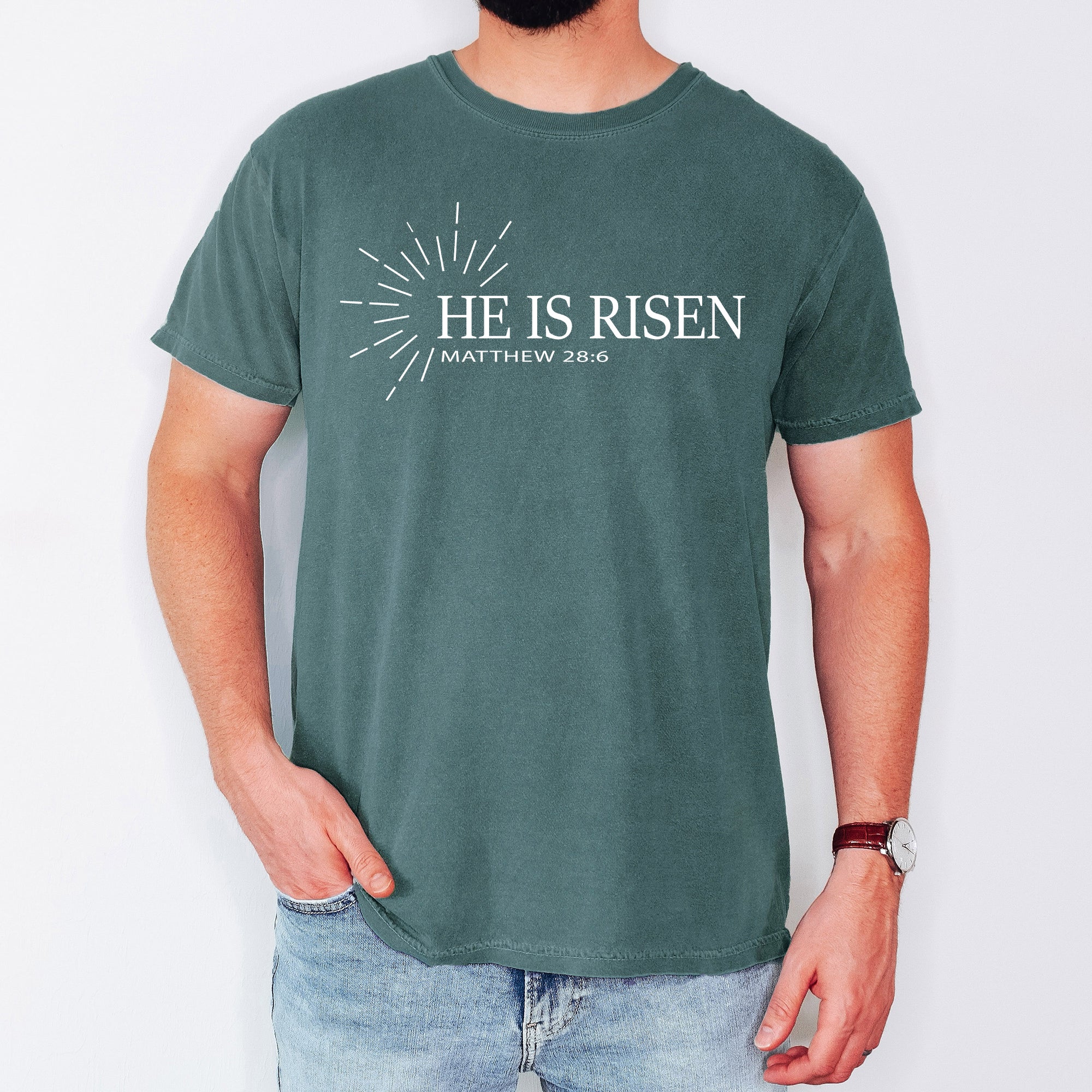 He Is Risen Matthew Christian Jesus Gospel Faith Saved Bible Verse Comfort Colors Tee