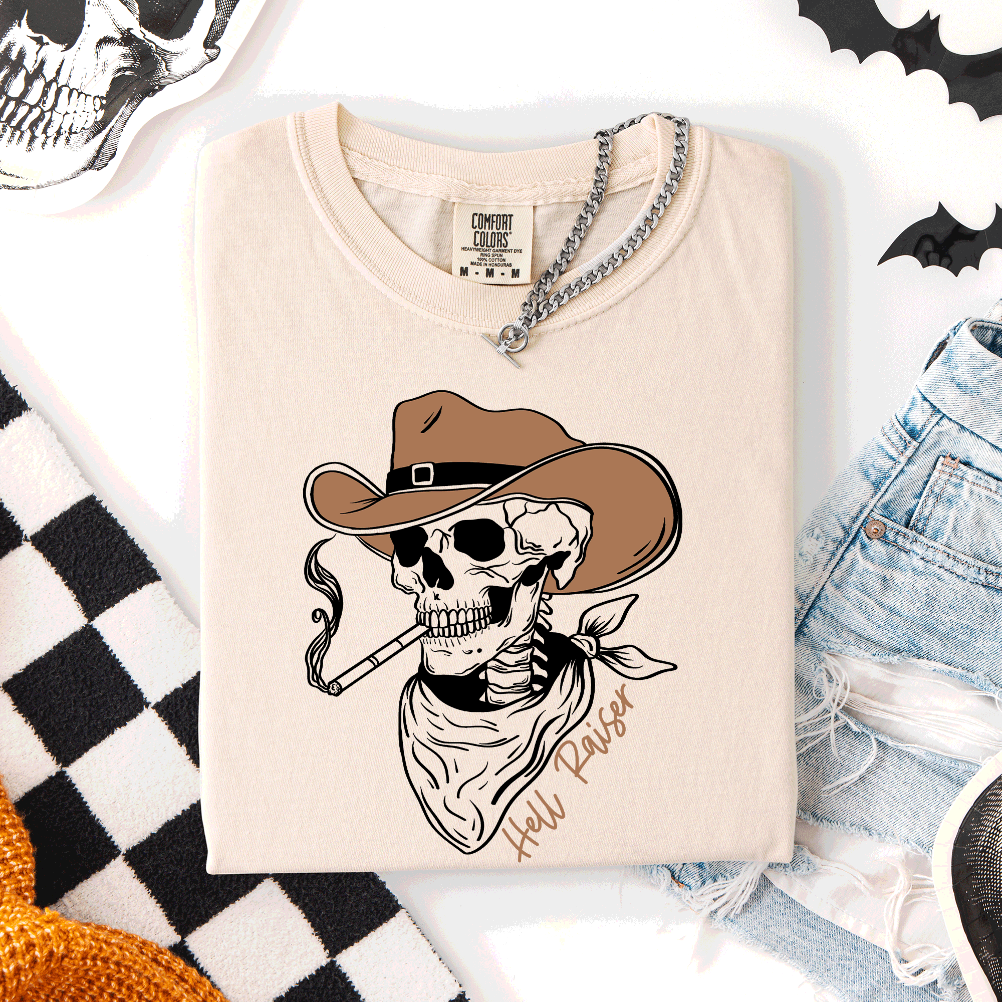Hell Raiser Skeleton Halloween Spooky Cowboy Country Western Edition Comfort Colors Tee