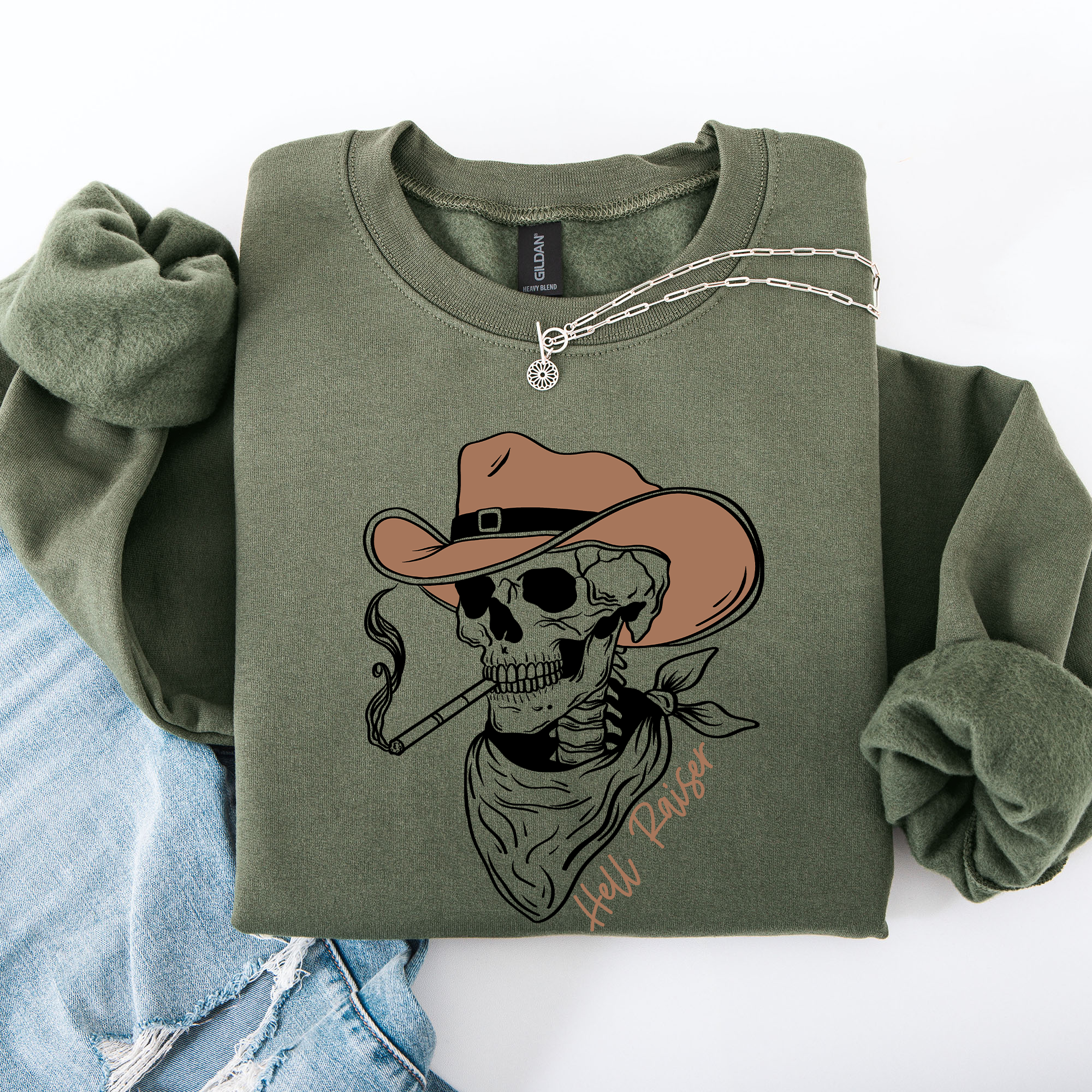 Hell Raiser Skeleton Halloween Western Spooky Cowboy Country Premium Graphic Sweatshirt