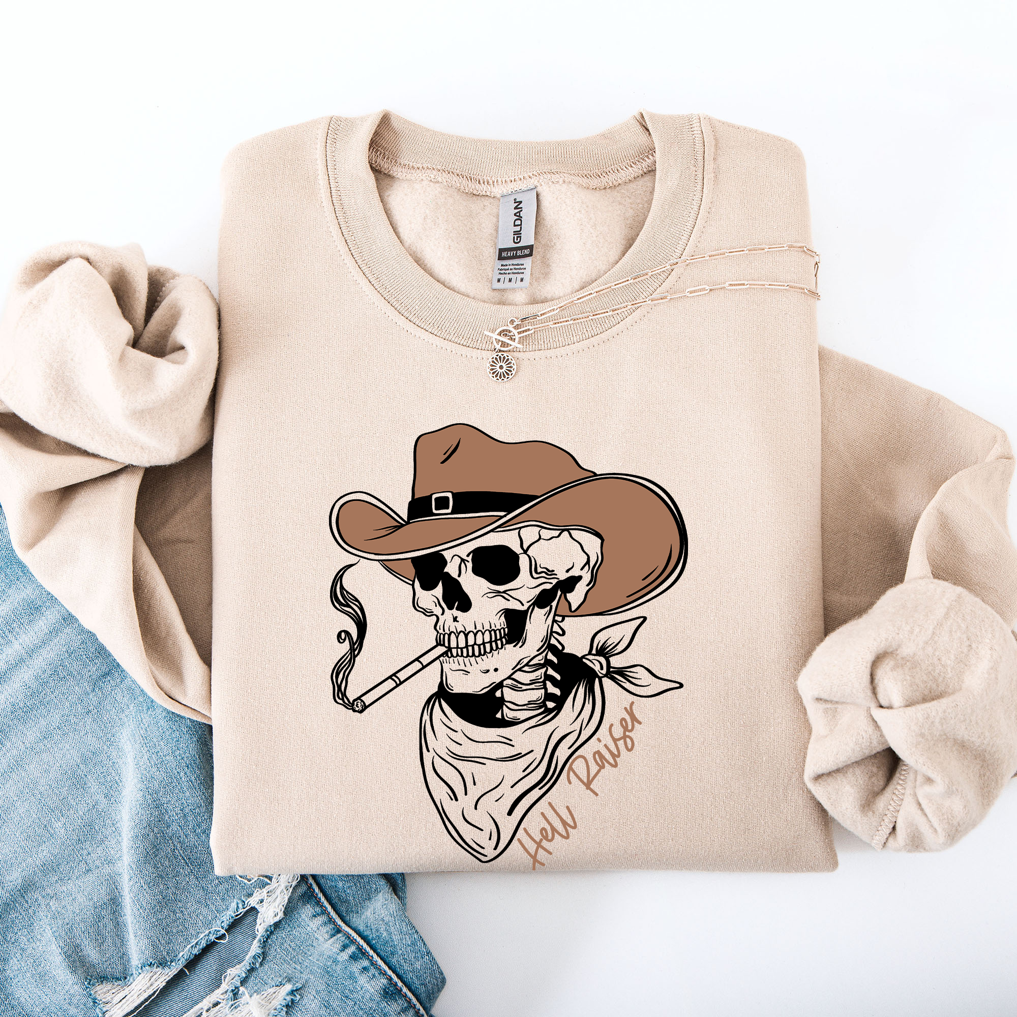 Hell Raiser Skeleton Halloween Western Spooky Cowboy Country Premium Graphic Sweatshirt