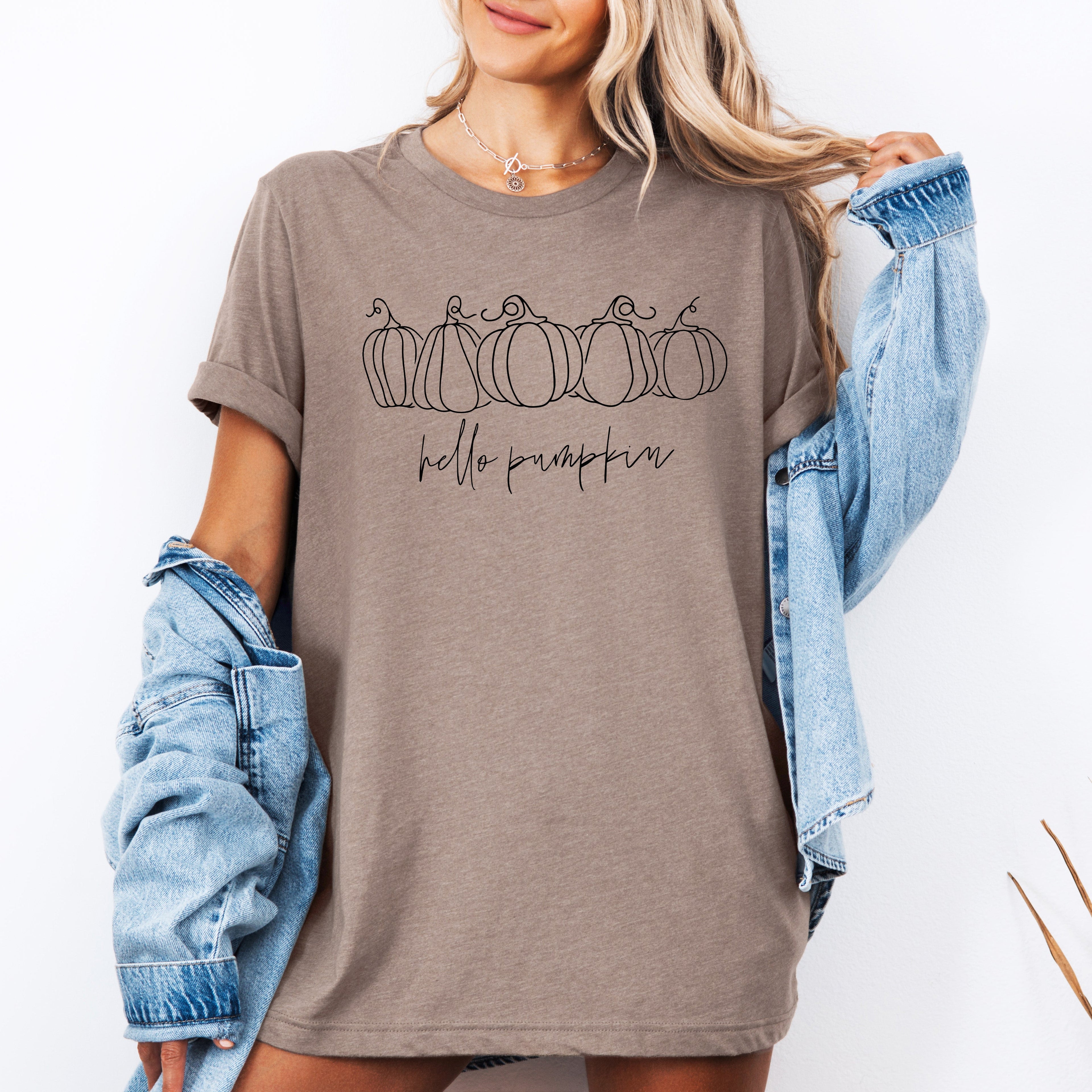 Hello Pumpkin Minimalist Thanksgiving Autumn Harvest Cozy Seasonal Print Graphic Tee