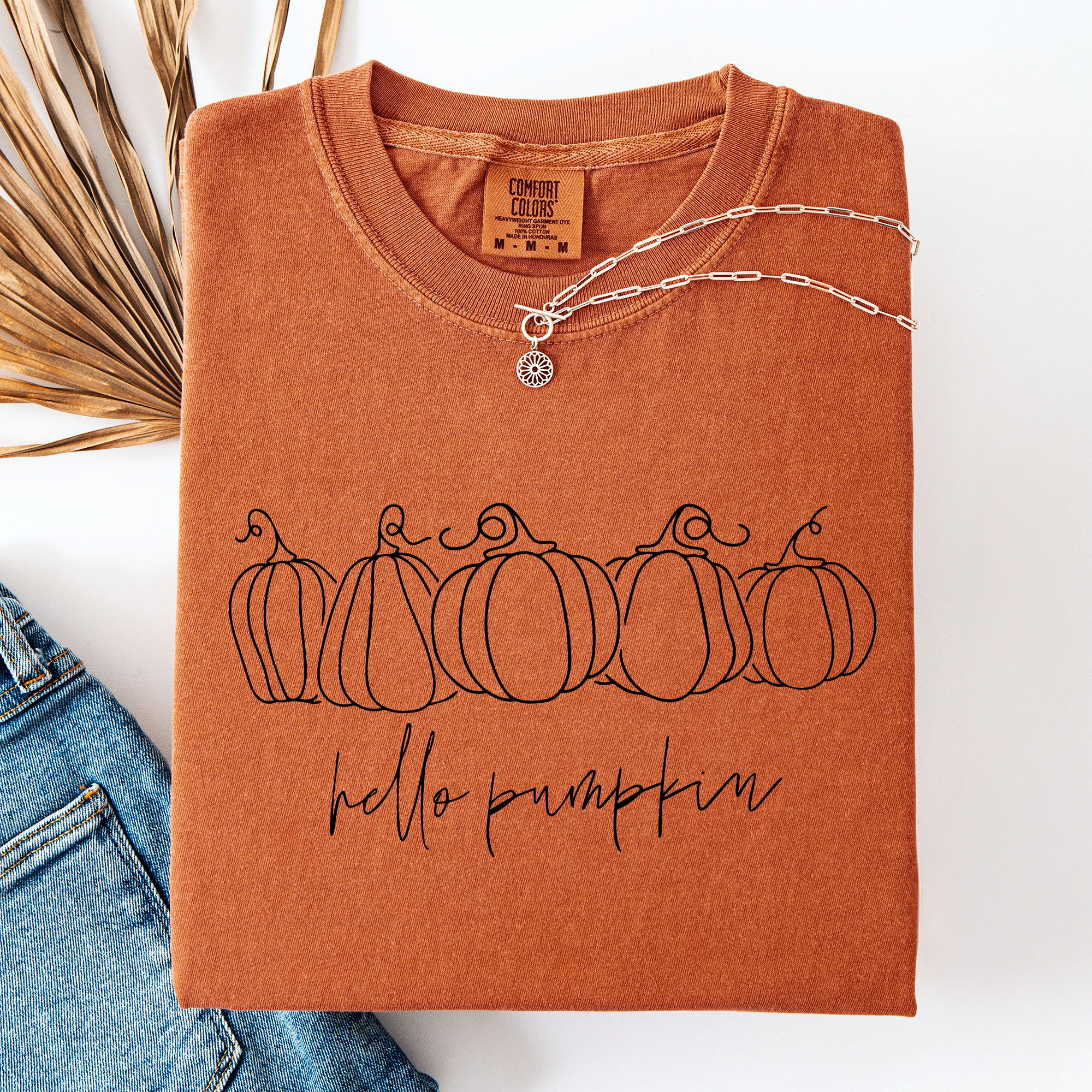 Hello Pumpkin Minimalist Thanksgiving Autumn Fall Floral Pumpkin Brush Stroke Comfort Colors Tee