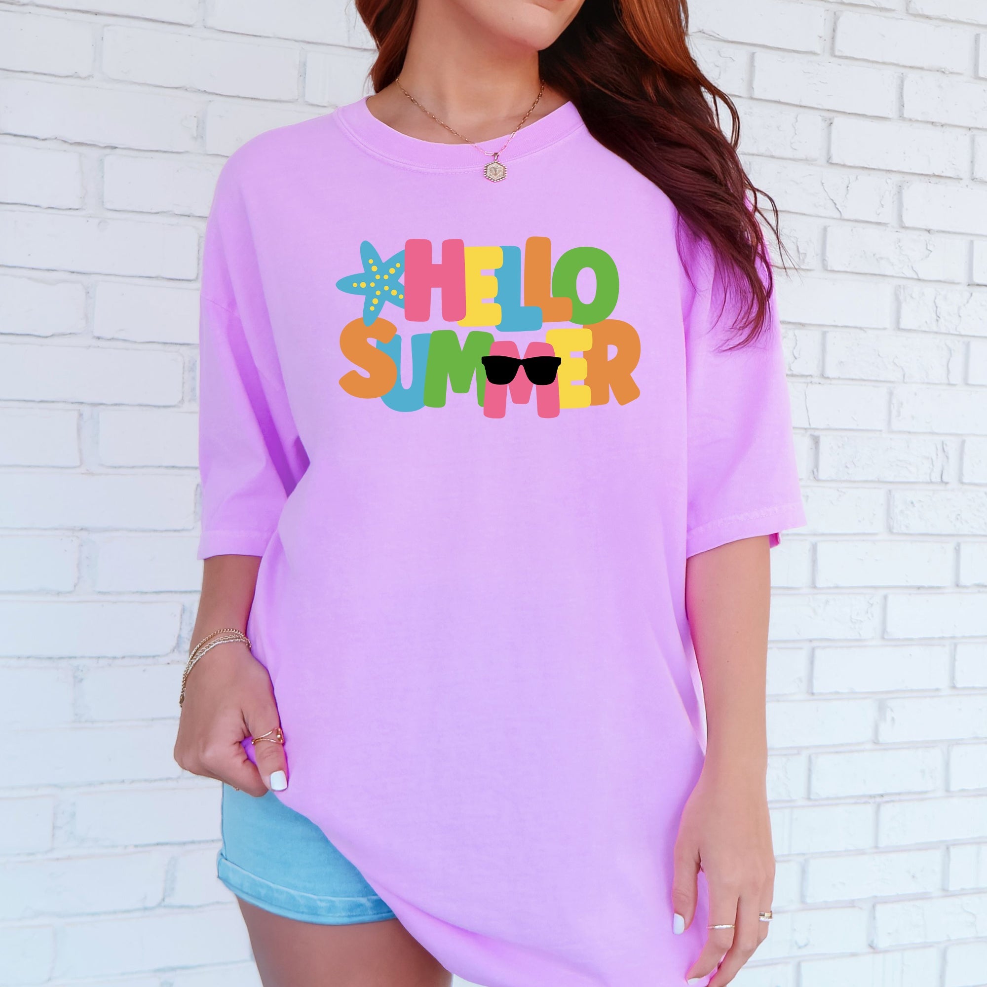 Hello Summer Colorful Retro Beach Vibes Festival Print Summer Splash Edition Comfort Colors Tee