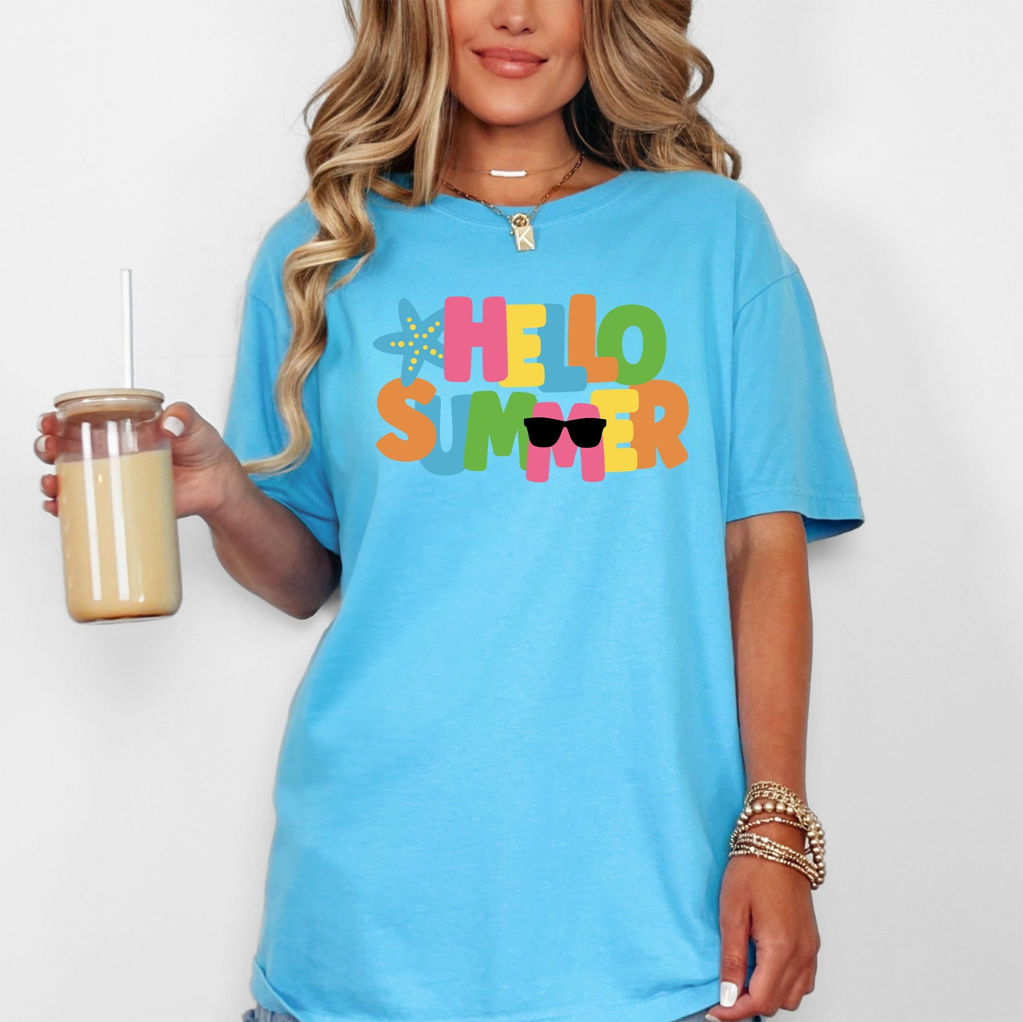 Hello Summer Colorful Retro Beach Vibes Festival Print Summer Splash Edition Comfort Colors Tee