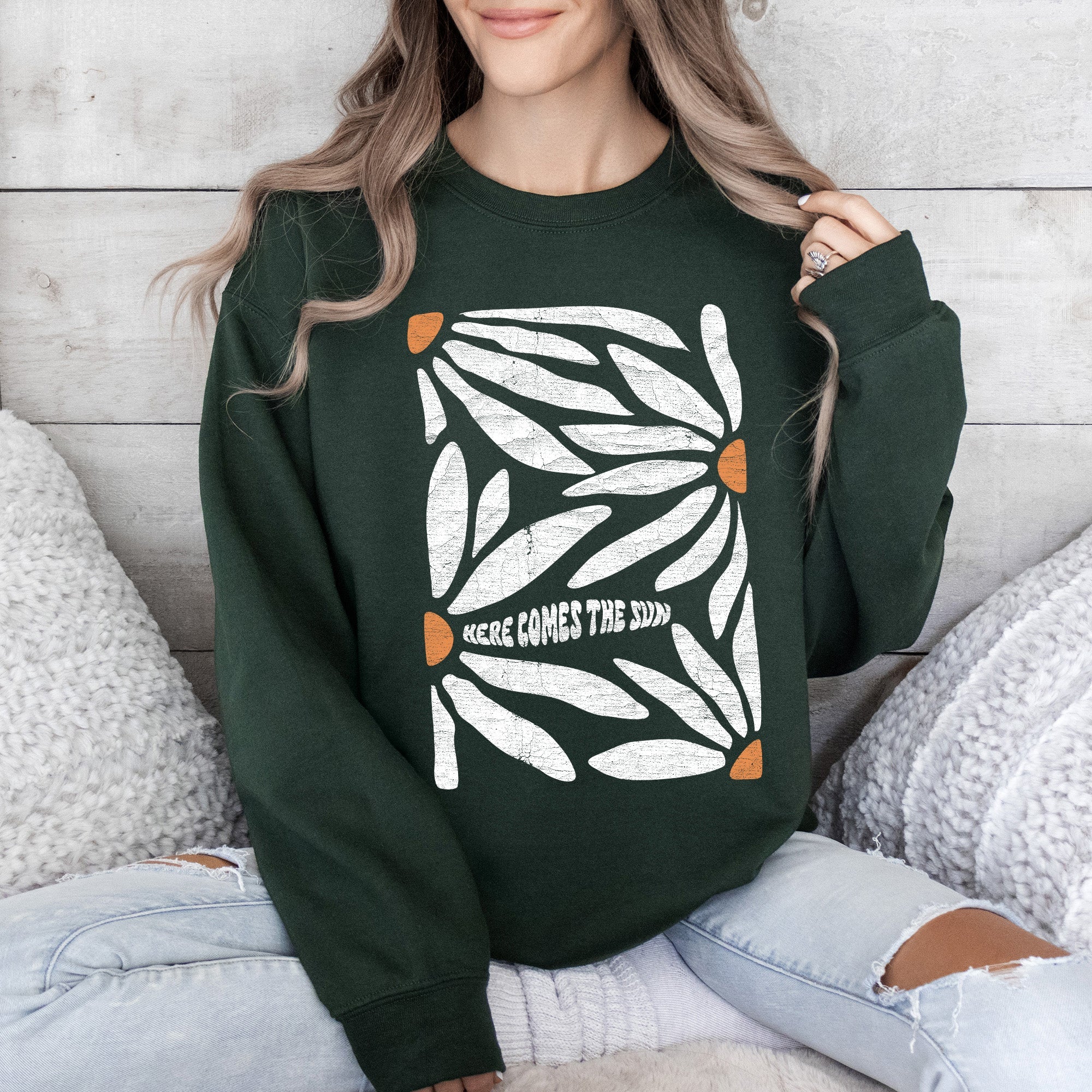 Here Comes The Sun Boho Floral Design Art Print Collection Vintage Inspired Sweatshirt