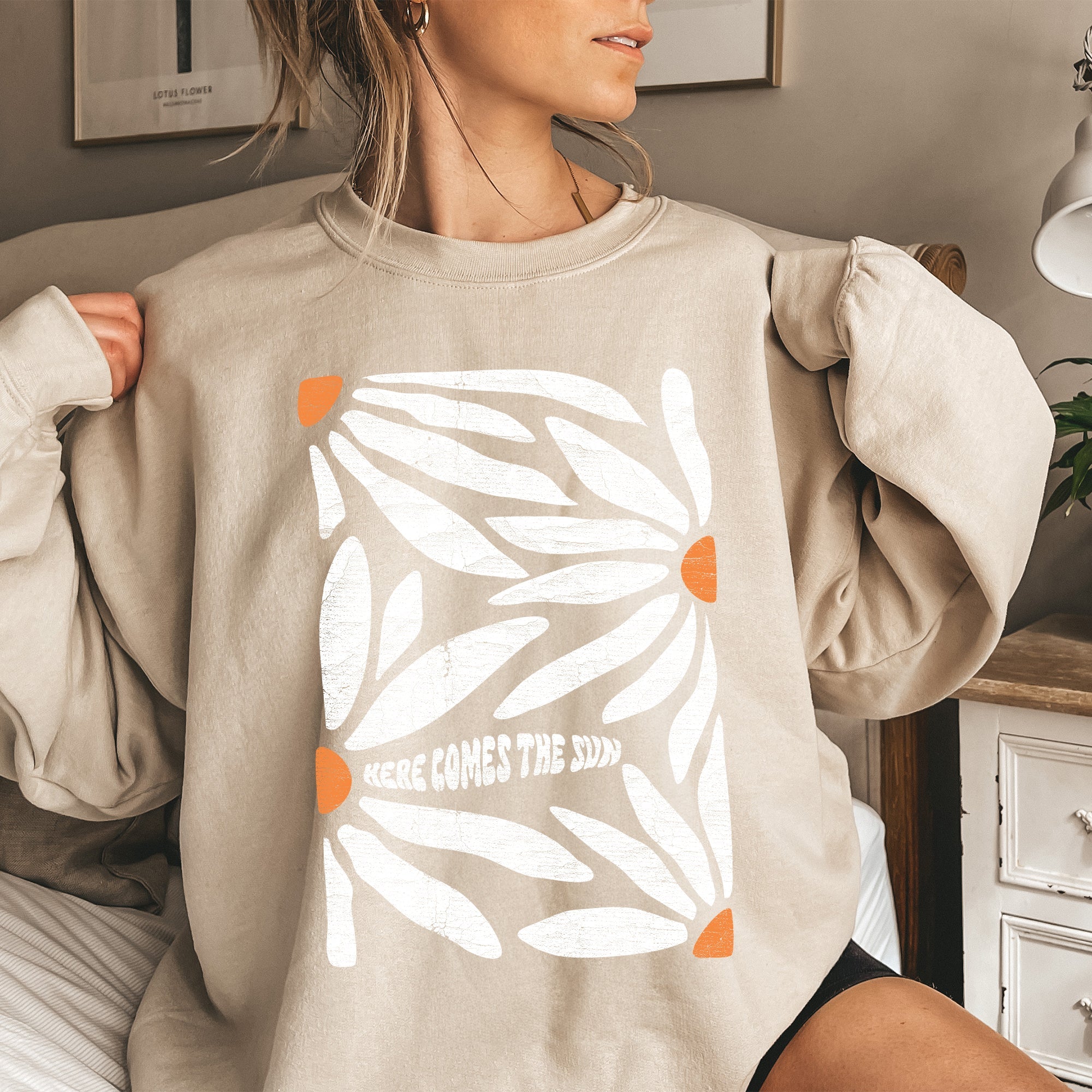 Here Comes The Sun Boho Floral Design Art Print Collection Vintage Inspired Sweatshirt