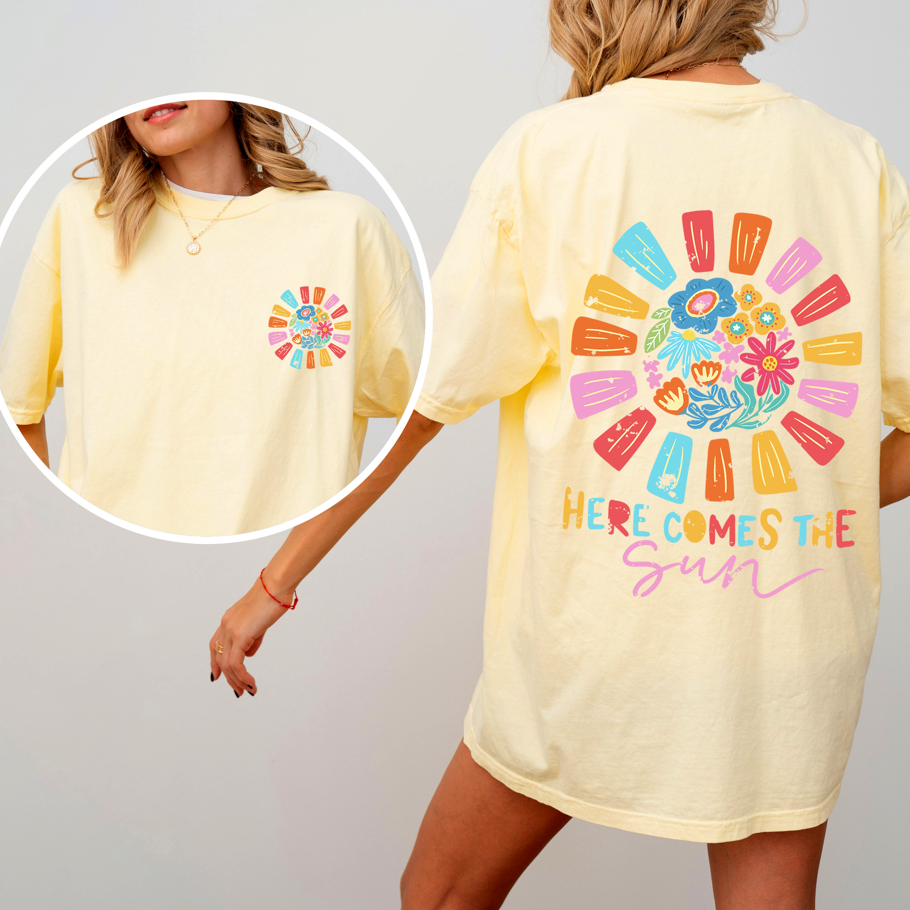 Here Comes The Sun, Flowers, Retro, Front And Back Vintage Edition Comfort Colors Tee