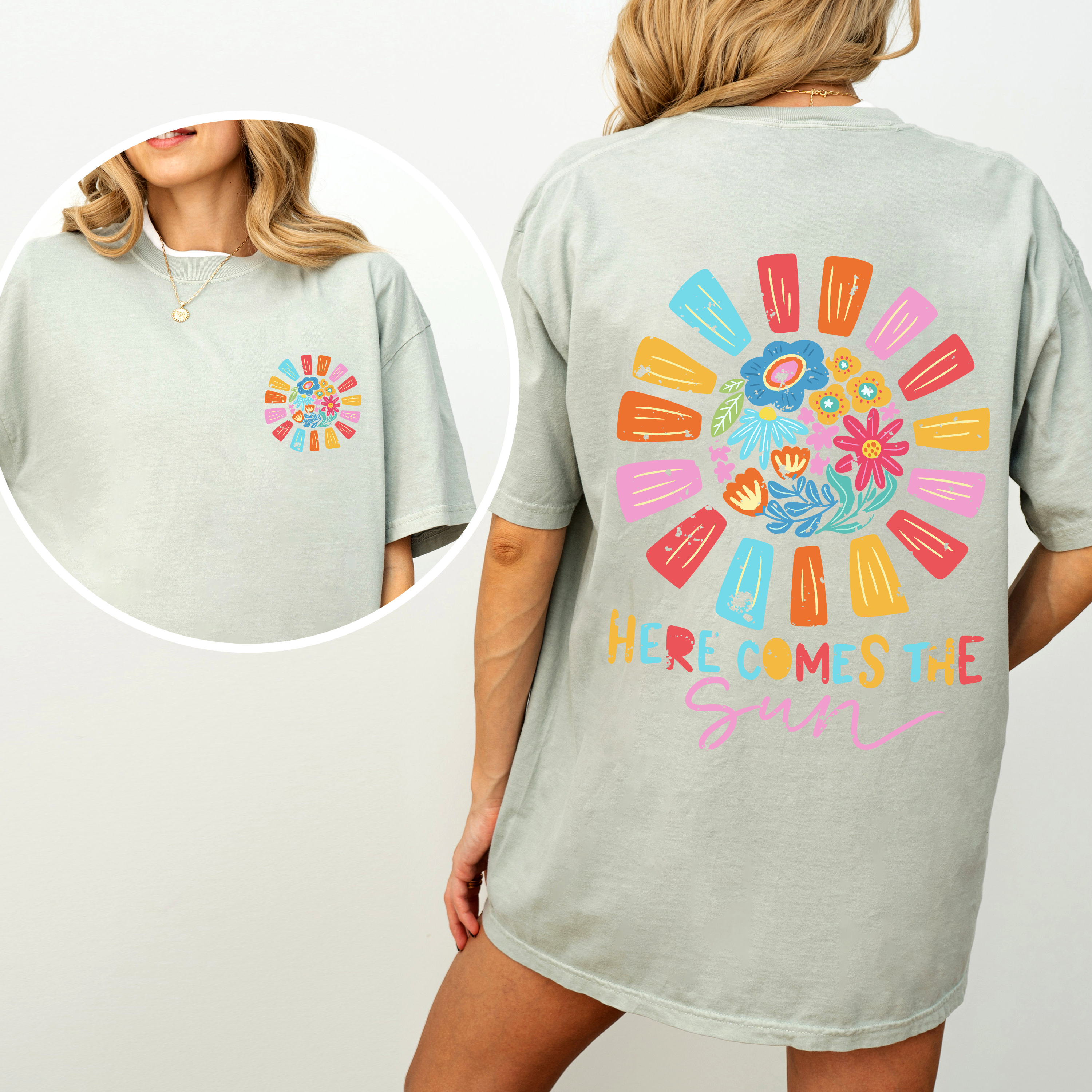 Here Comes The Sun, Flowers, Retro, Front And Back Vintage Edition Comfort Colors Tee