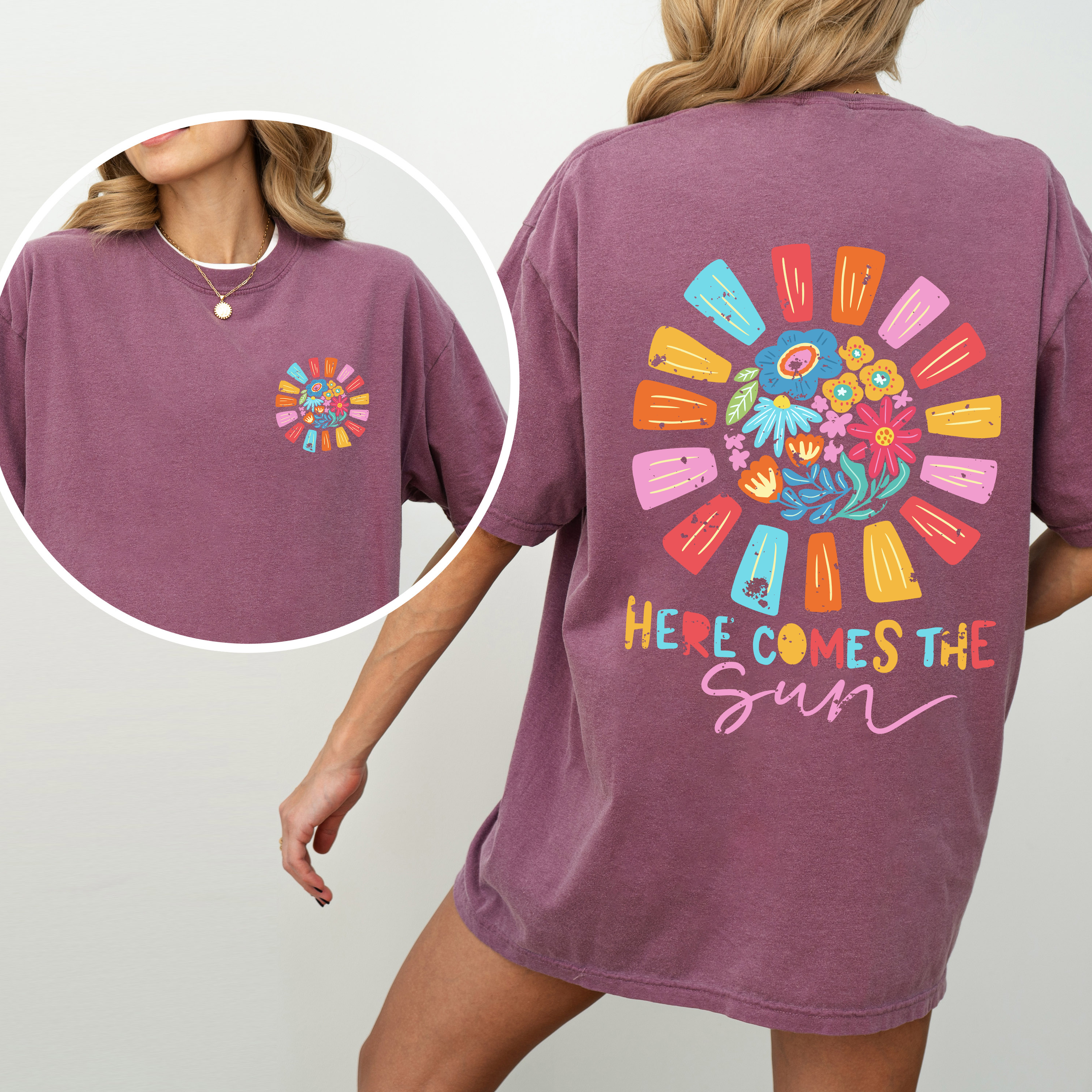 Here Comes The Sun, Flowers, Retro, Front And Back Vintage Edition Comfort Colors Tee