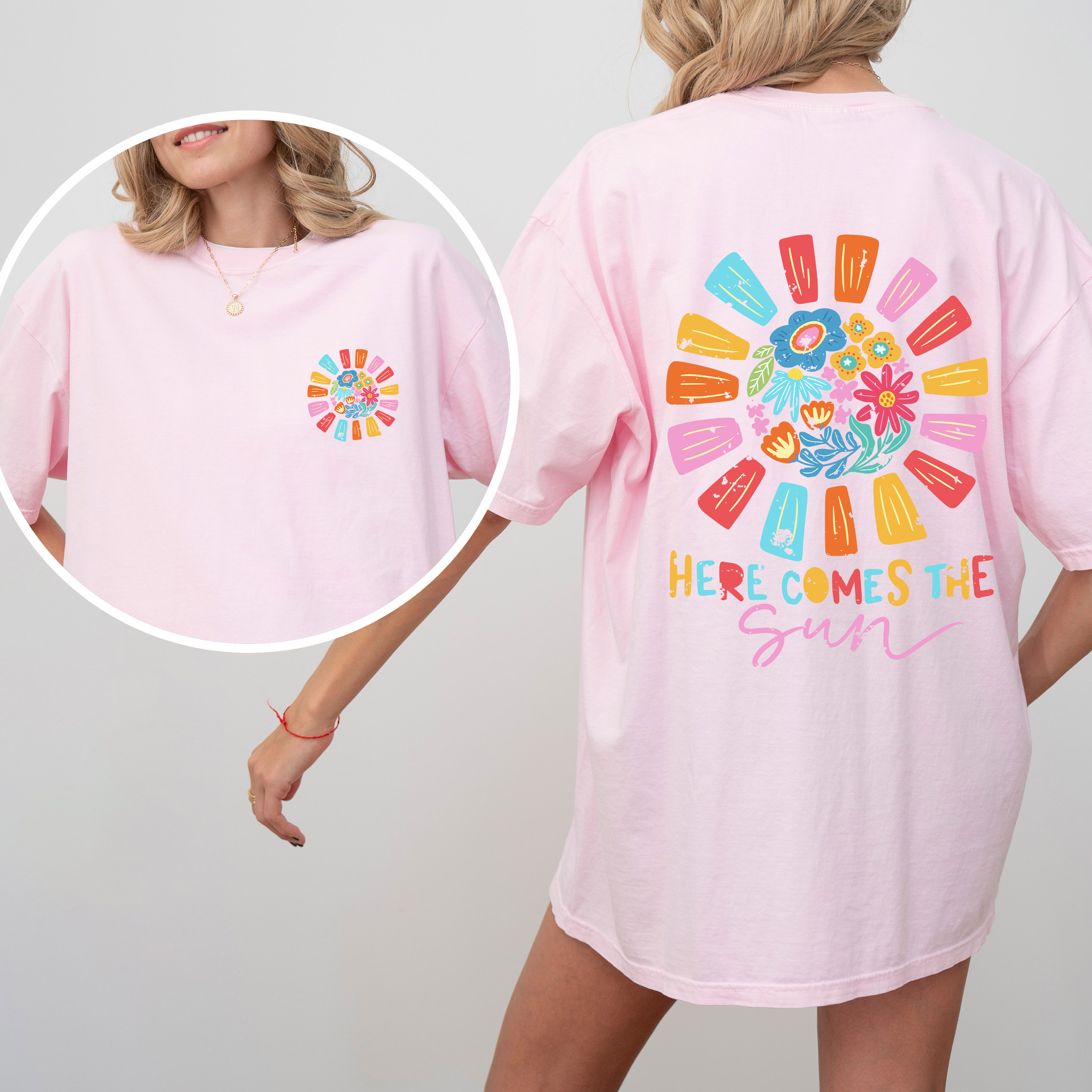 Here Comes The Sun, Flowers, Retro, Front And Back Vintage Edition Comfort Colors Tee
