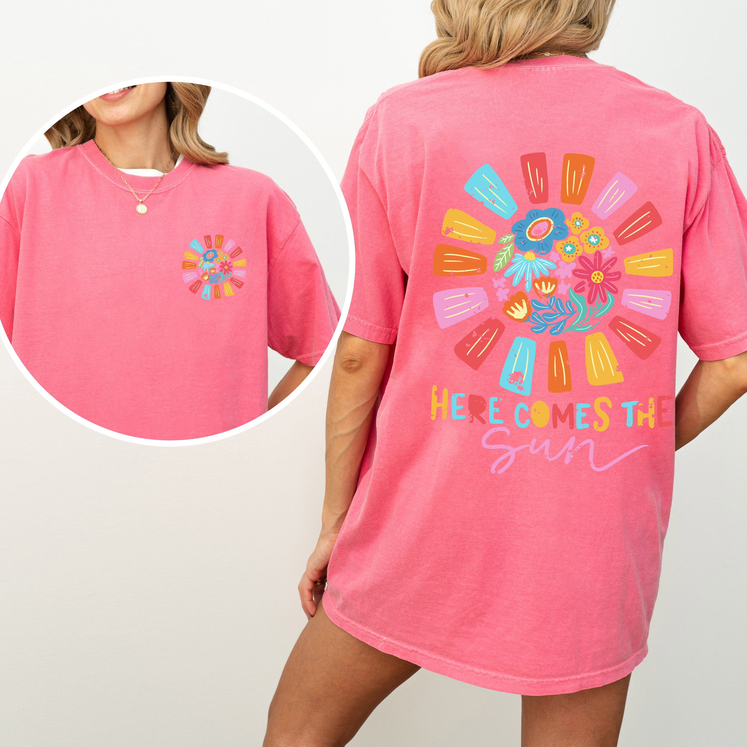 Here Comes The Sun, Flowers, Retro, Front And Back Vintage Edition Comfort Colors Tee