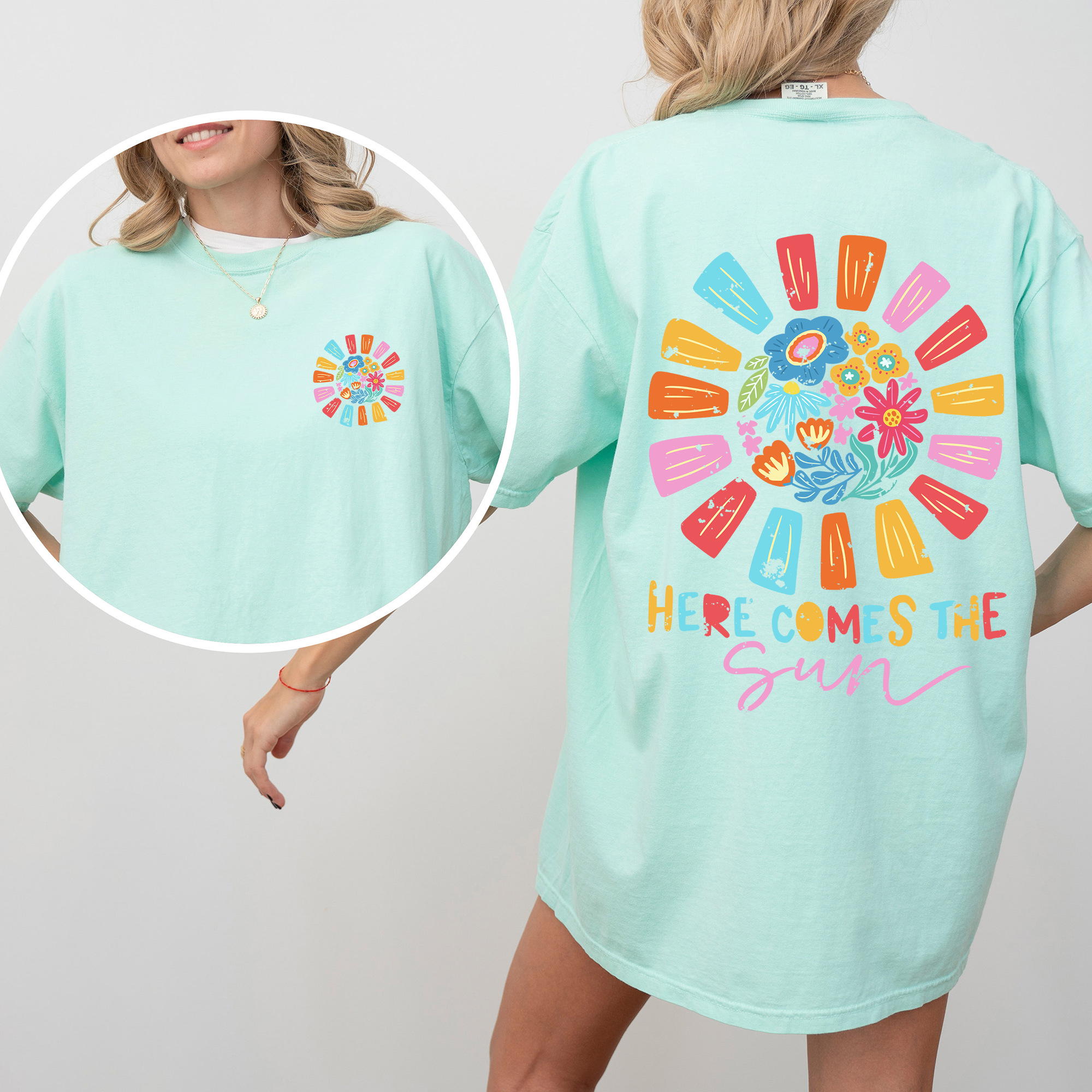 Here Comes The Sun, Flowers, Retro, Front And Back Vintage Edition Comfort Colors Tee