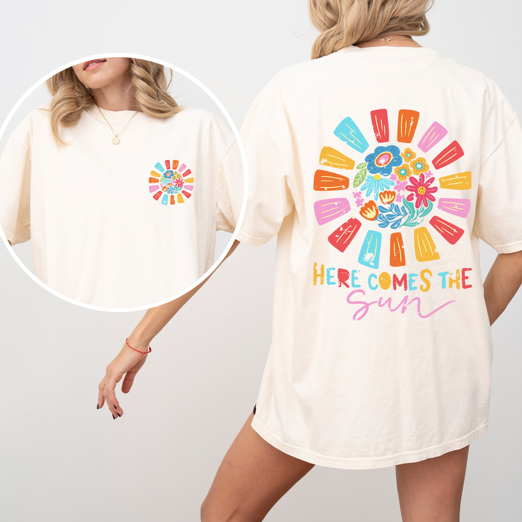 Here Comes The Sun, Flowers, Retro, Front And Back Vintage Edition Comfort Colors Tee