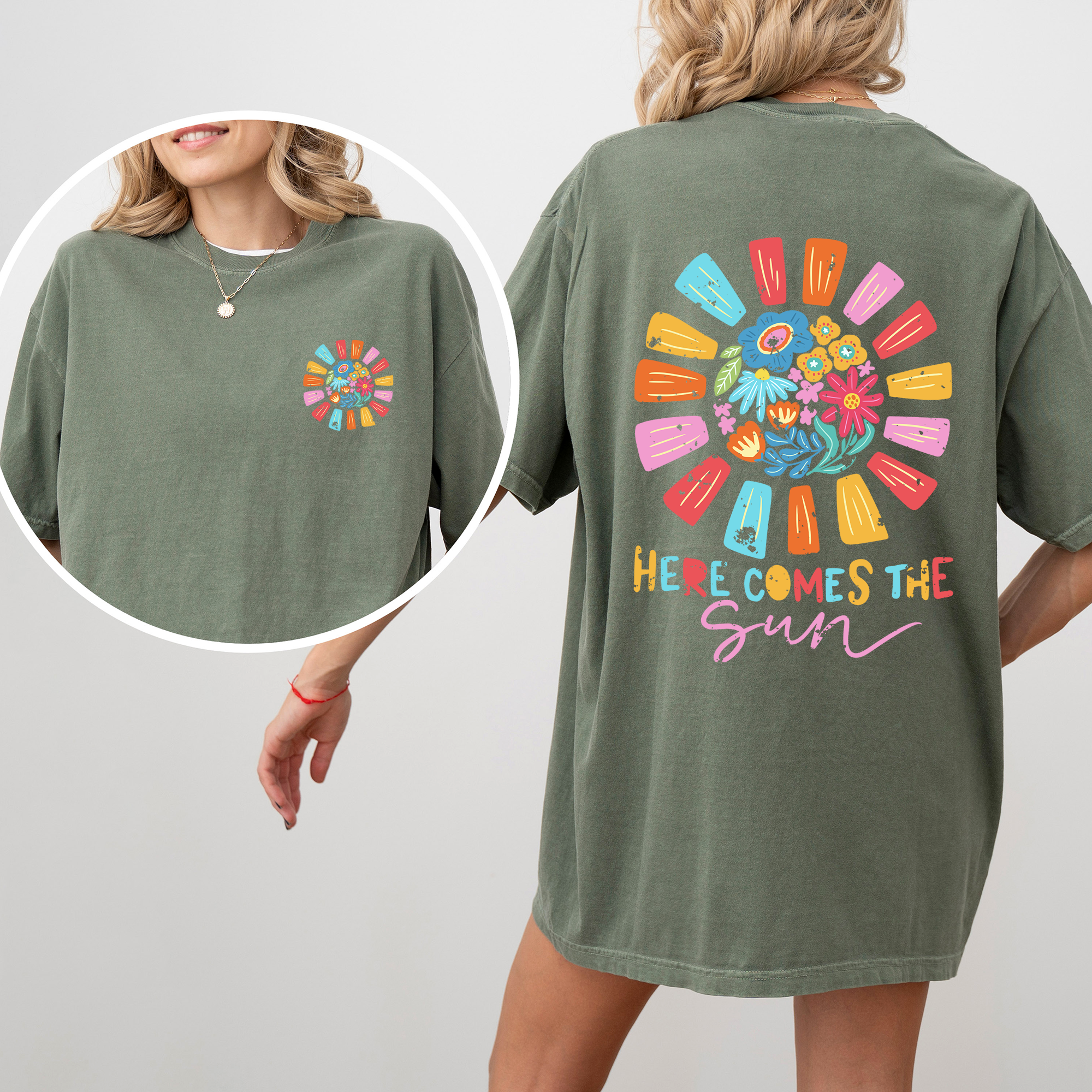 Here Comes The Sun, Flowers, Retro, Front And Back Vintage Edition Comfort Colors Tee