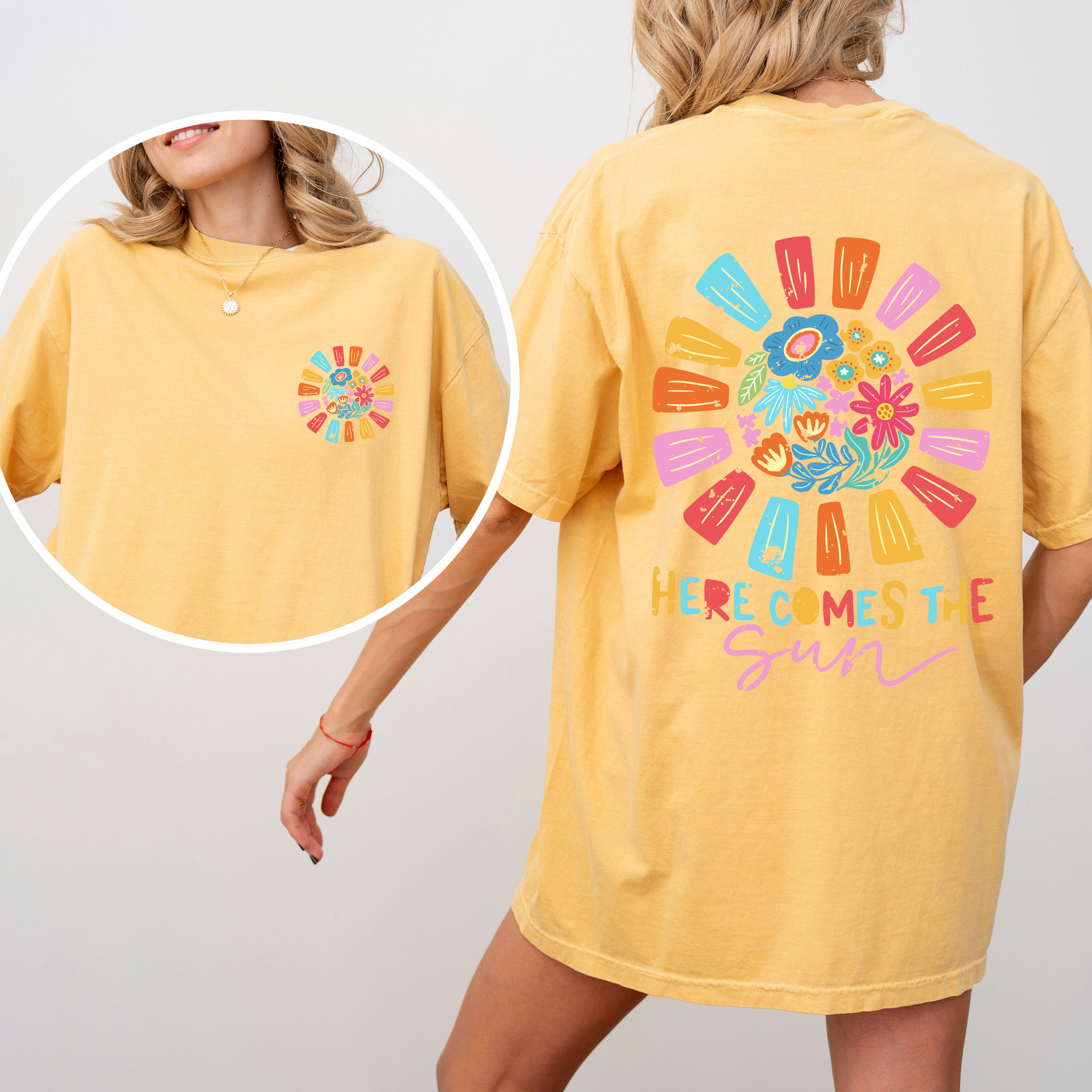 Here Comes The Sun, Flowers, Retro, Front And Back Vintage Edition Comfort Colors Tee