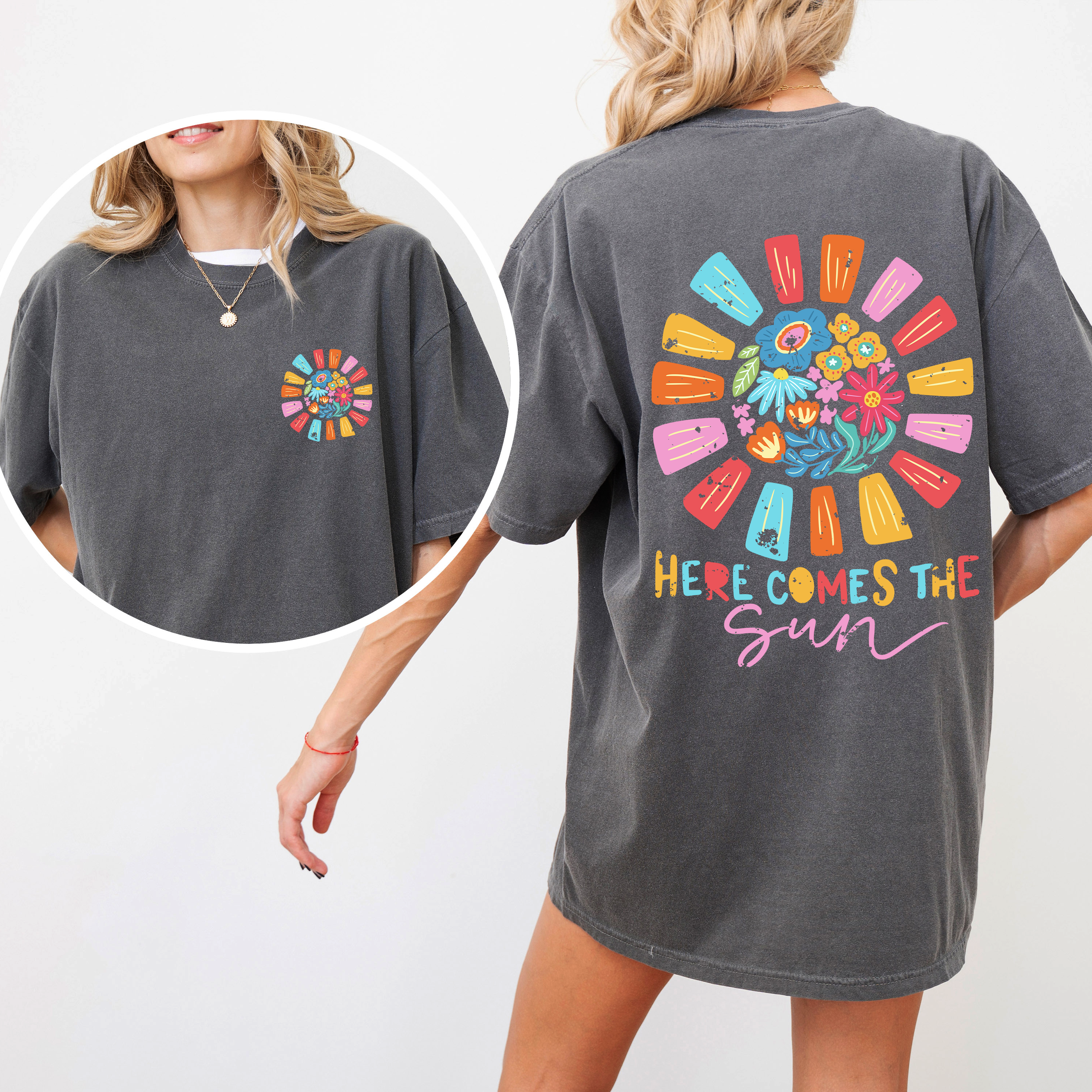 Here Comes The Sun, Flowers, Retro, Front And Back Vintage Edition Comfort Colors Tee
