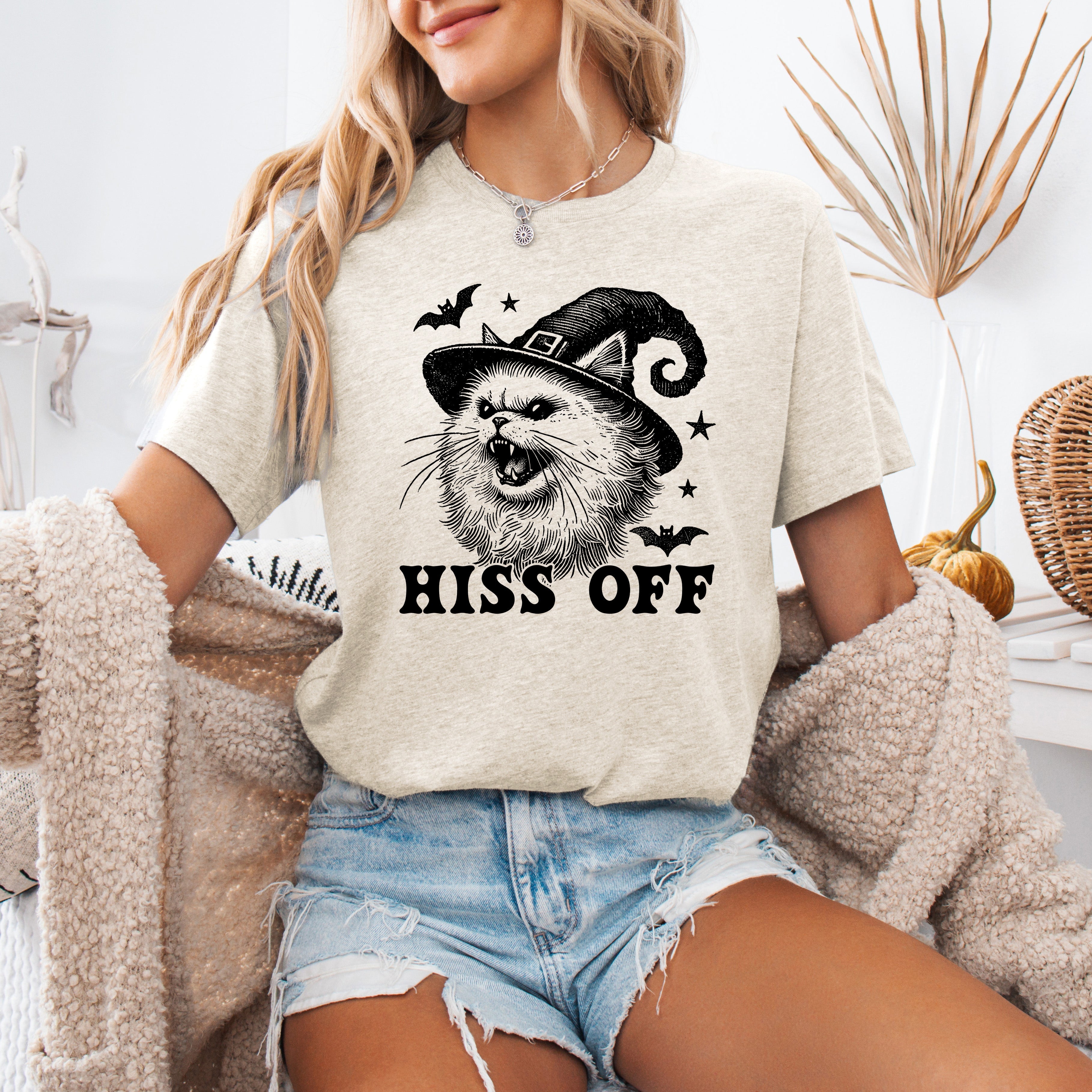 Hiss Off Cat Halloween Witch Spooky Feline Spirit Vintage Halloween Edition Graphic Tee