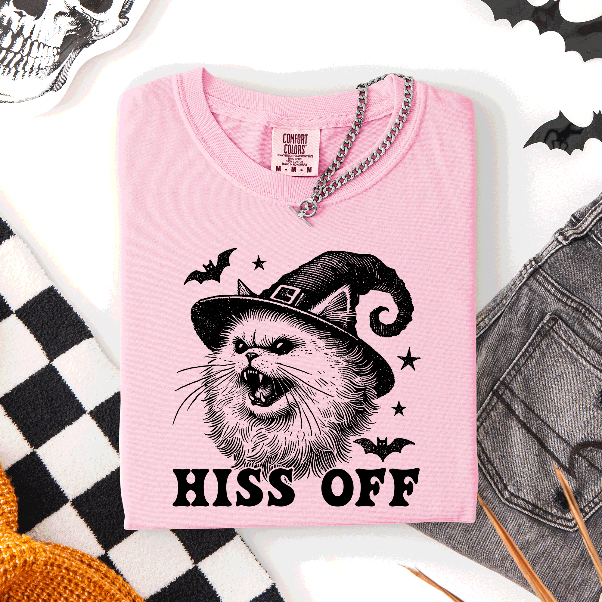 Hiss Off Cat Halloween Witch Funny For Cat Lovers And Halloween Enthusiasts Comfort Colors Tee