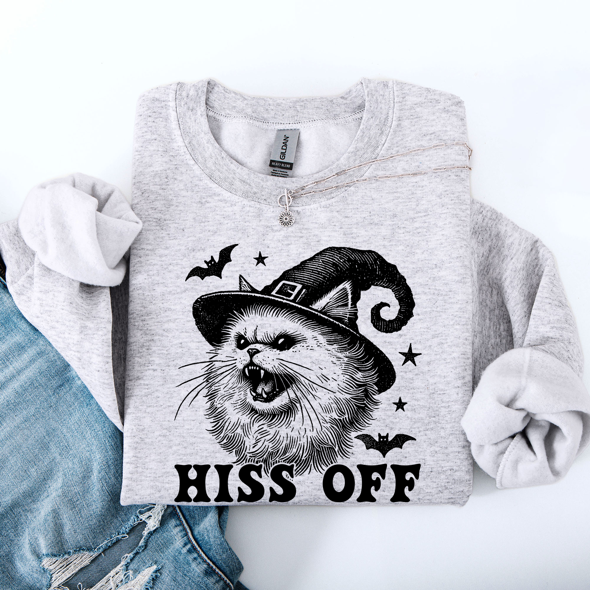 Hiss Off Cat Halloween Witch Cozy Feline Graphic Illustration For Cozy Fall Fashion Sweatshirt