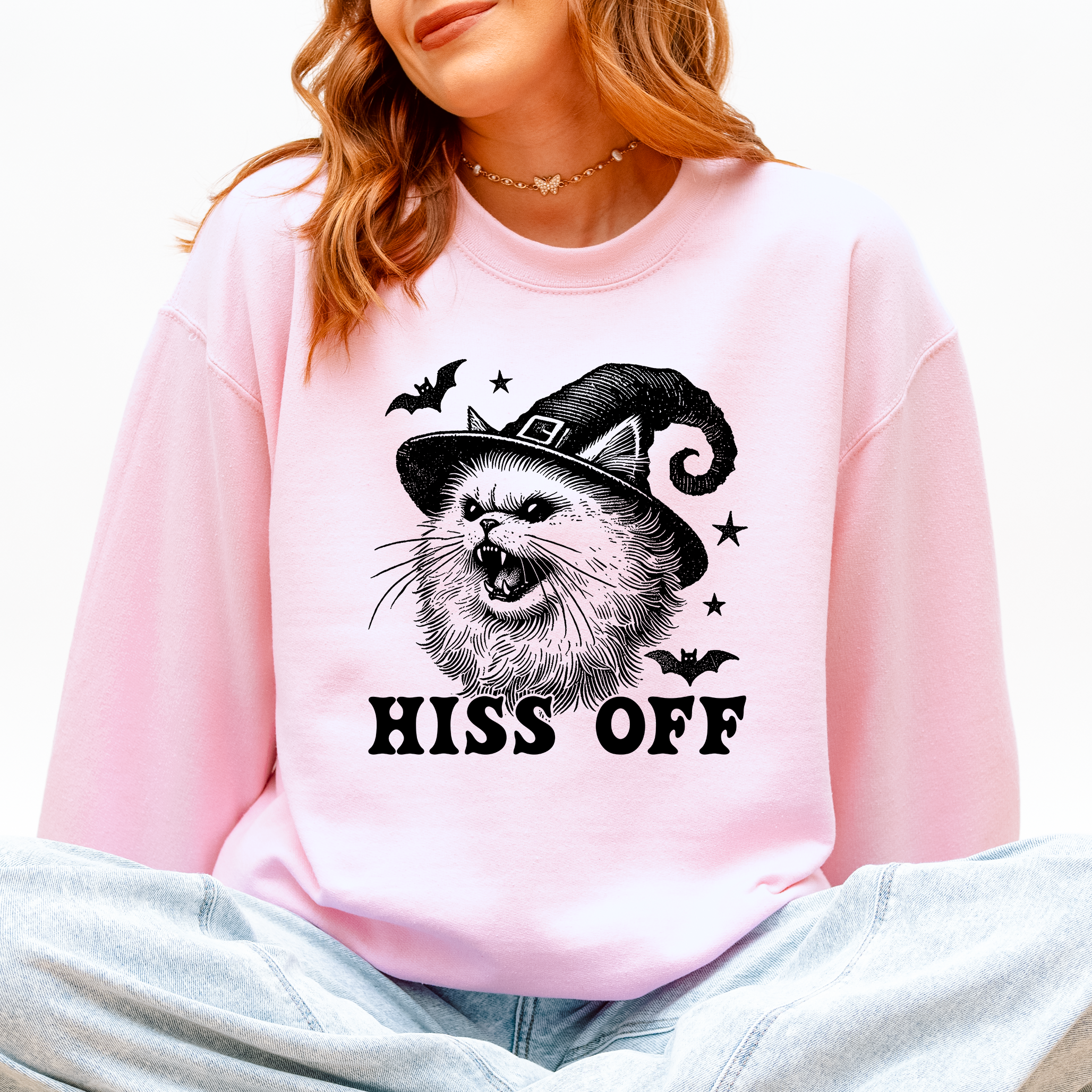 Hiss Off Cat Halloween Witch Cozy Feline Graphic Illustration For Cozy Fall Fashion Sweatshirt