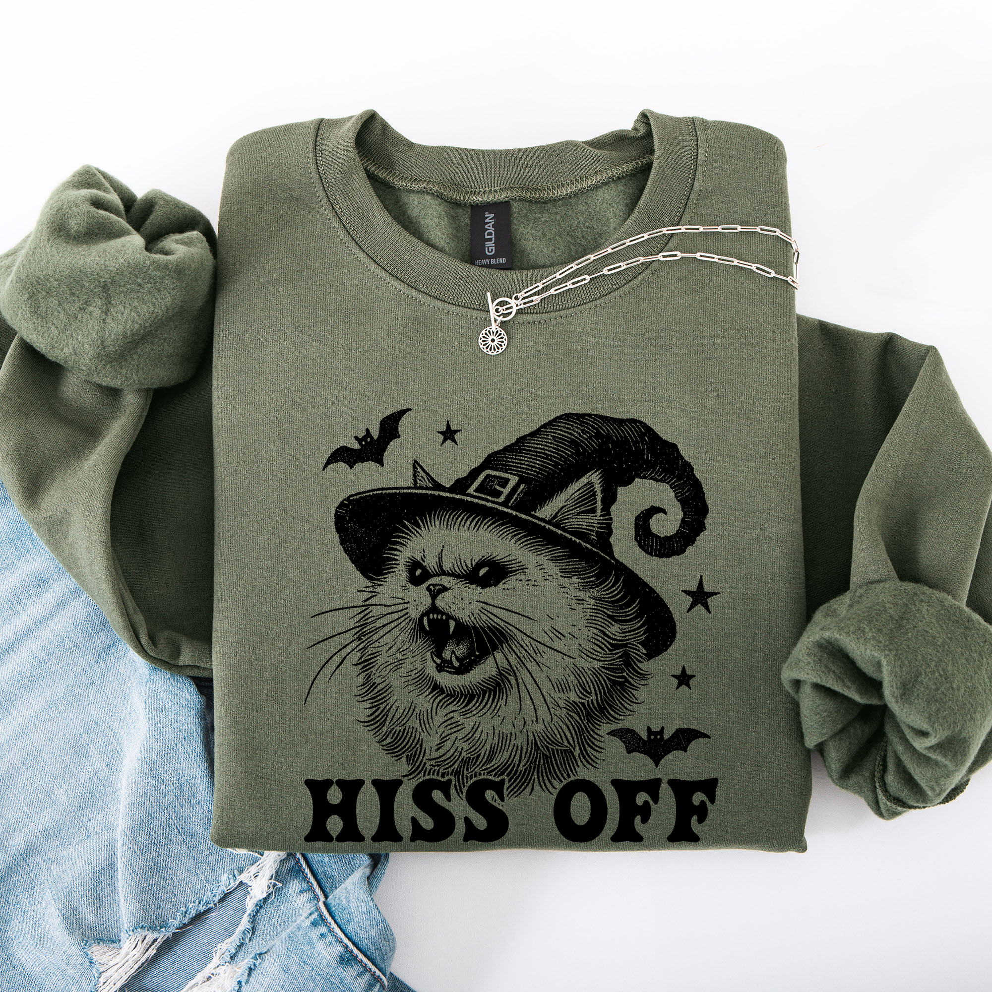 Hiss Off Cat Halloween Witch Cozy Feline Graphic Illustration For Cozy Fall Fashion Sweatshirt