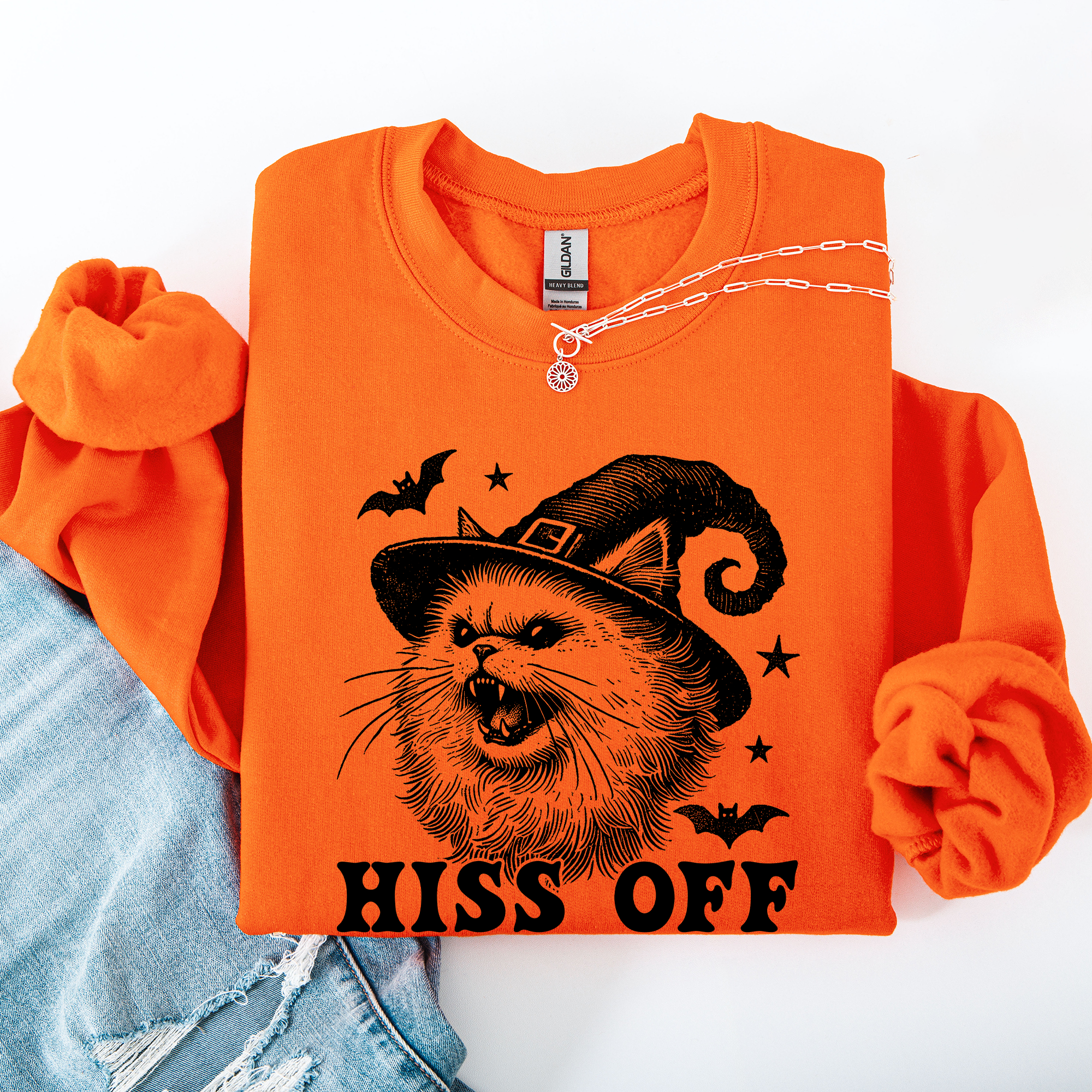 Hiss Off Cat Halloween Witch Cozy Feline Graphic Illustration For Cozy Fall Fashion Sweatshirt