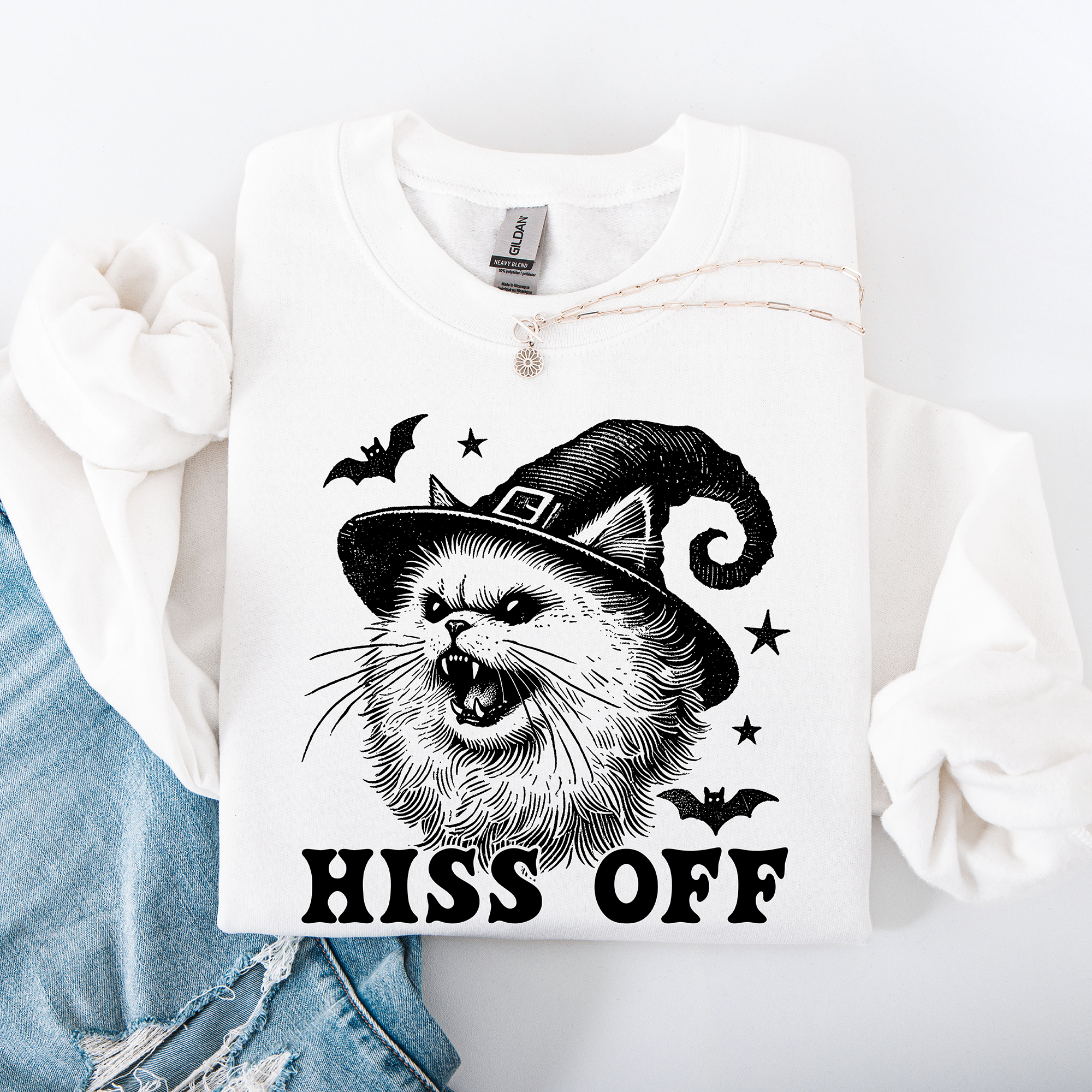 Hiss Off Cat Halloween Witch Cozy Feline Graphic Illustration For Cozy Fall Fashion Sweatshirt
