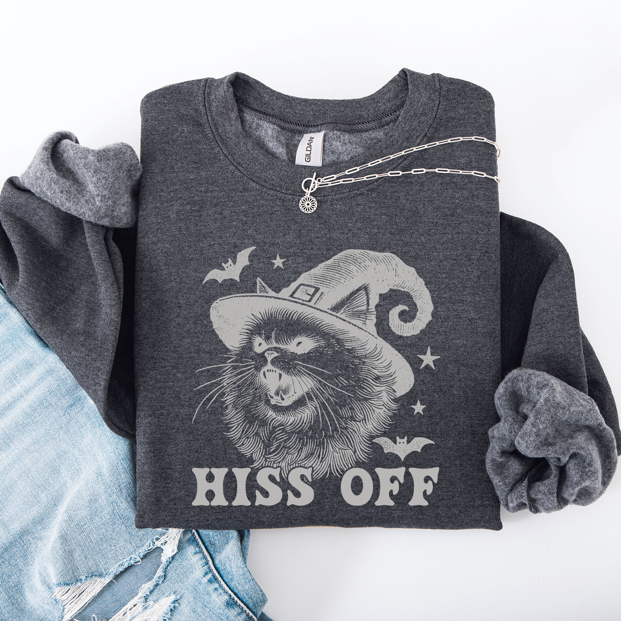 Hiss Off Cat Halloween Witch Cozy Feline Graphic Illustration For Cozy Fall Fashion Sweatshirt