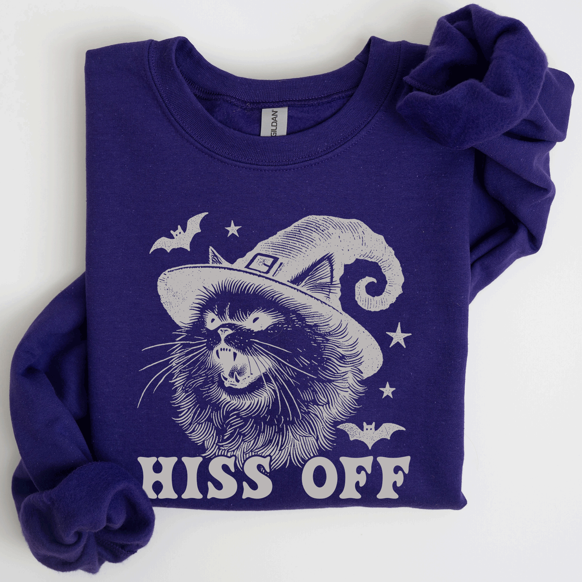 Hiss Off Cat Halloween Witch Cozy Feline Graphic Illustration For Cozy Fall Fashion Sweatshirt