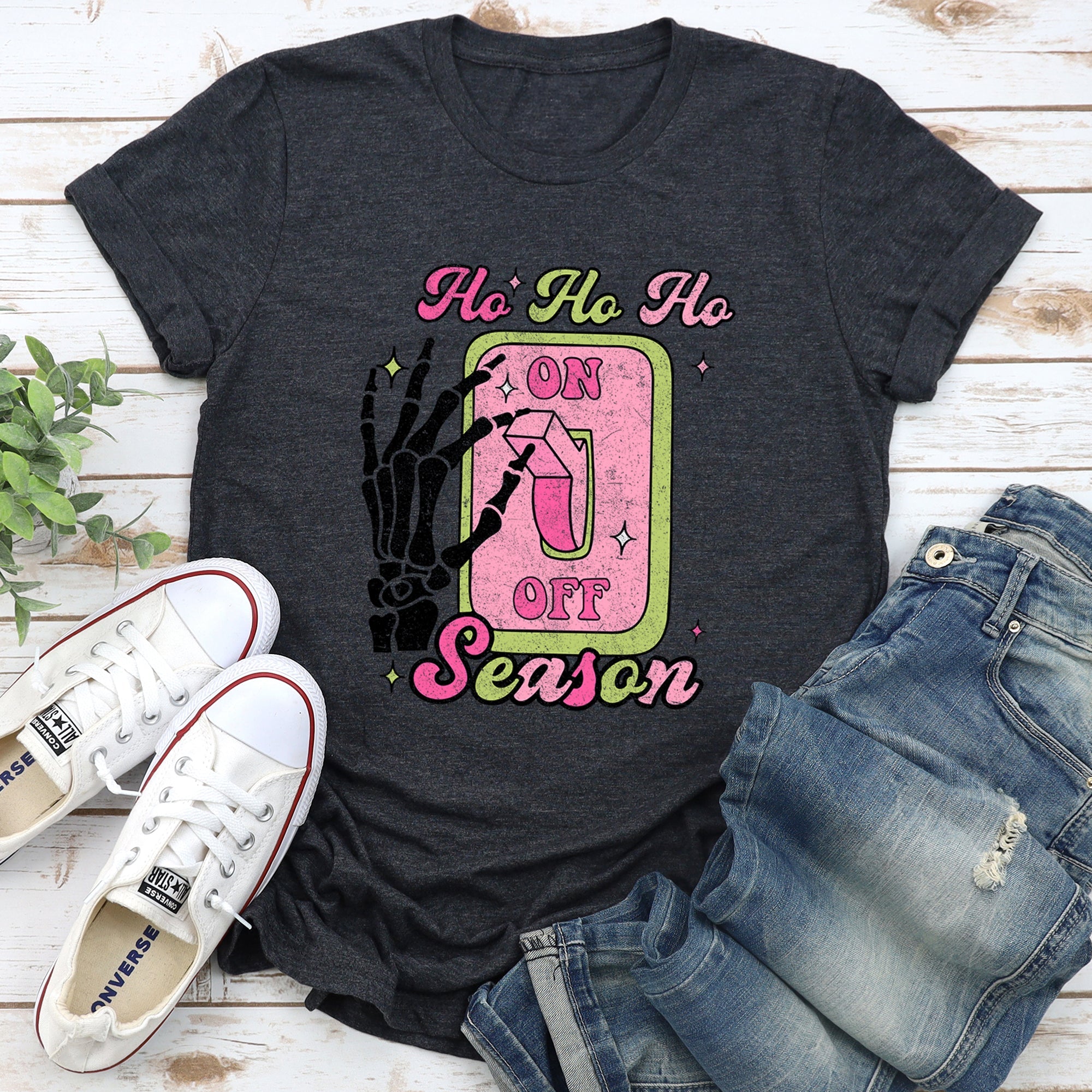 Ho Ho Ho Season Skeleton On Light Switch Christmas Themed Holiday Ghostly Grin And Festive Nighttime Decor Graphic Tee