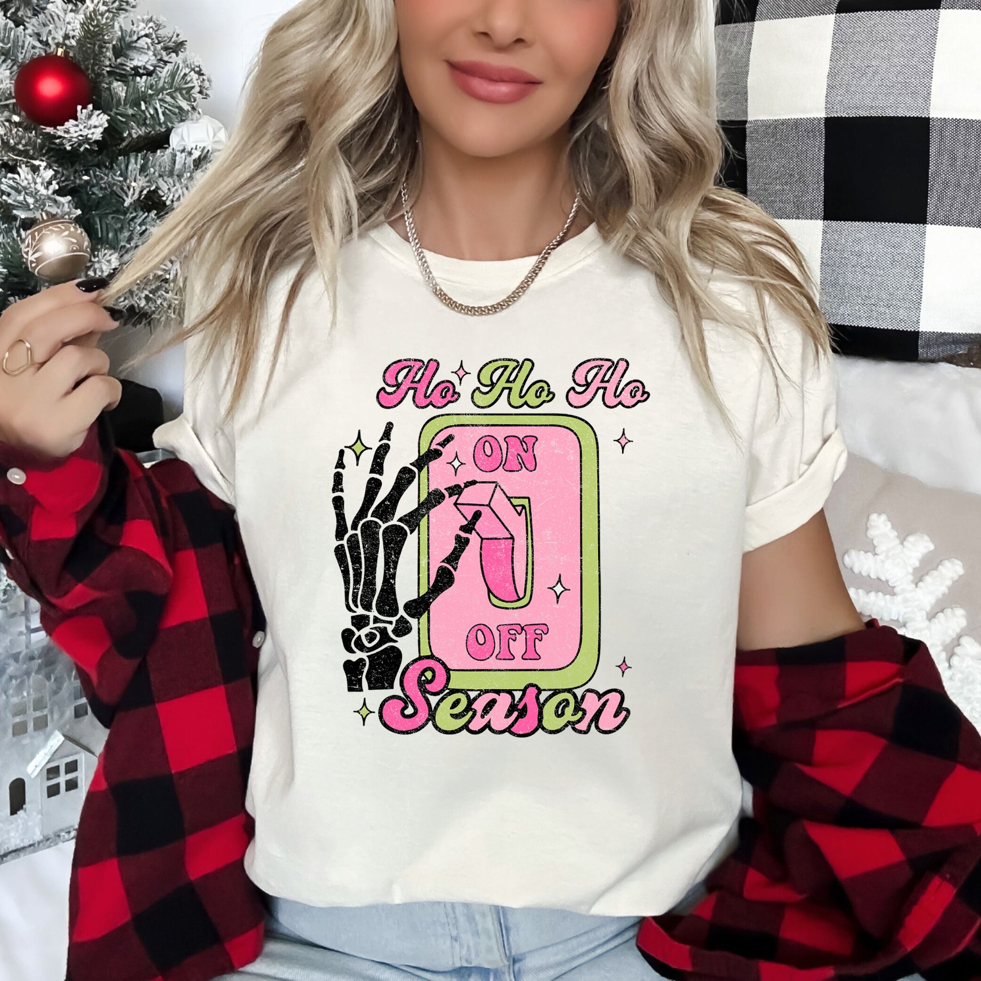 Ho Ho Ho Season Skeleton On Light Switch Christmas Themed Holiday Ghostly Grin And Festive Nighttime Decor Graphic Tee