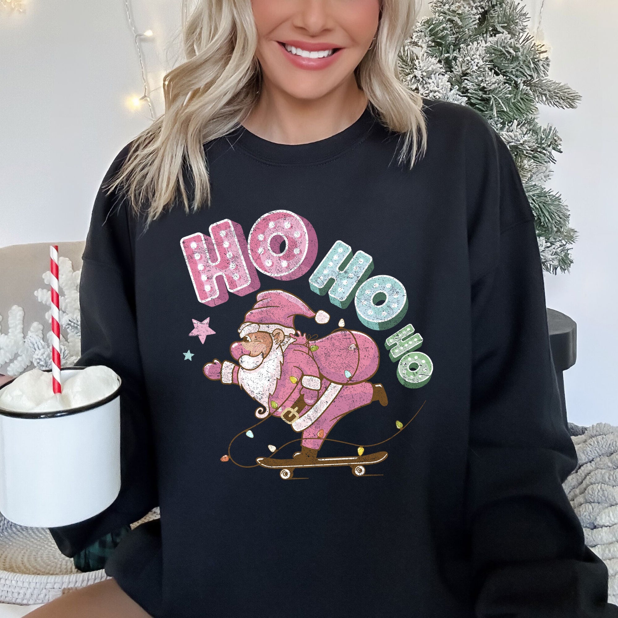 Ho Ho Ho Pink Skateboarding Santa Festive Holiday Cheer Retro Graphic Classic Sweatshirt