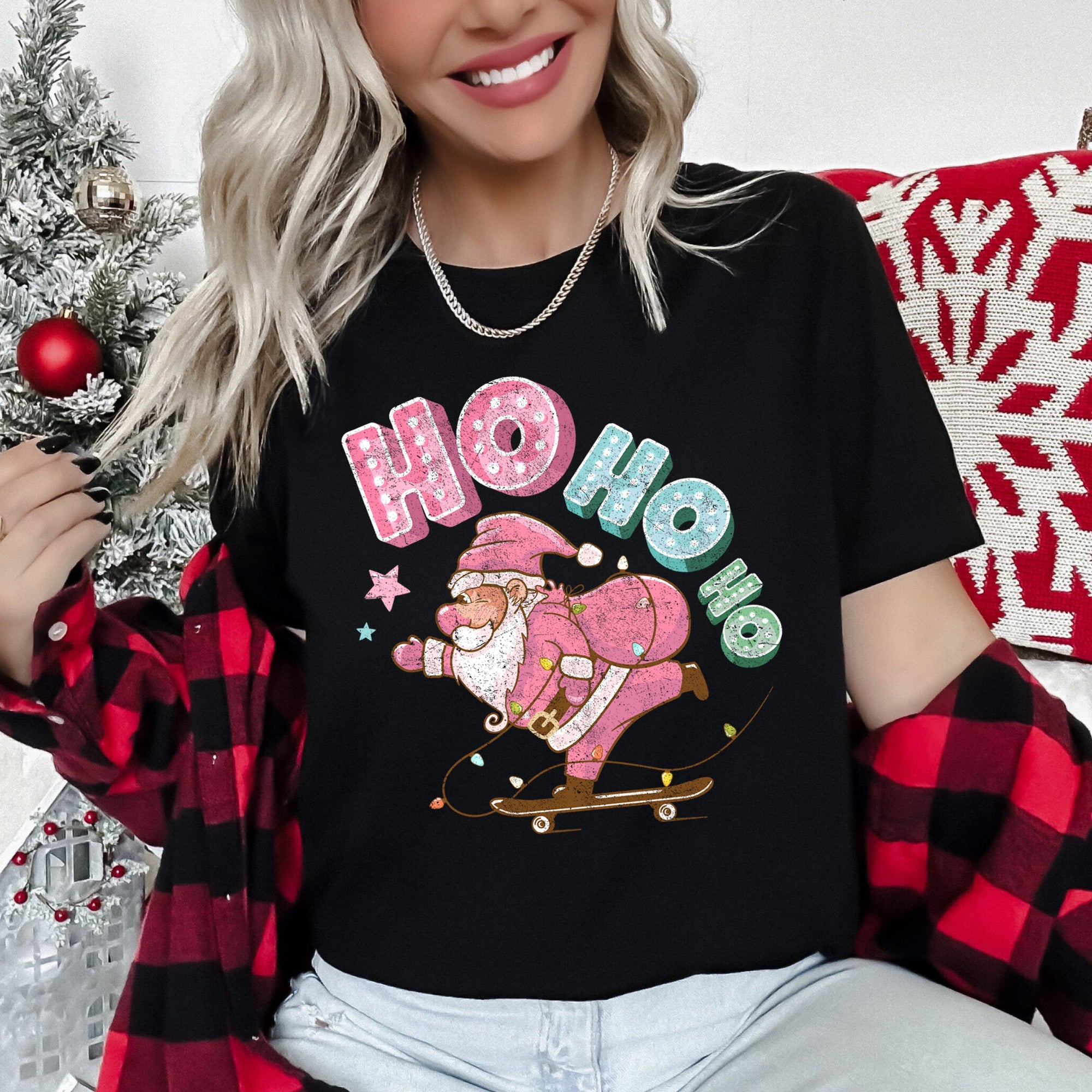 Ho Ho Ho Pink Skateboarding Santa Christmas Retro Vintage Bold Limited Classic Graphic Tee