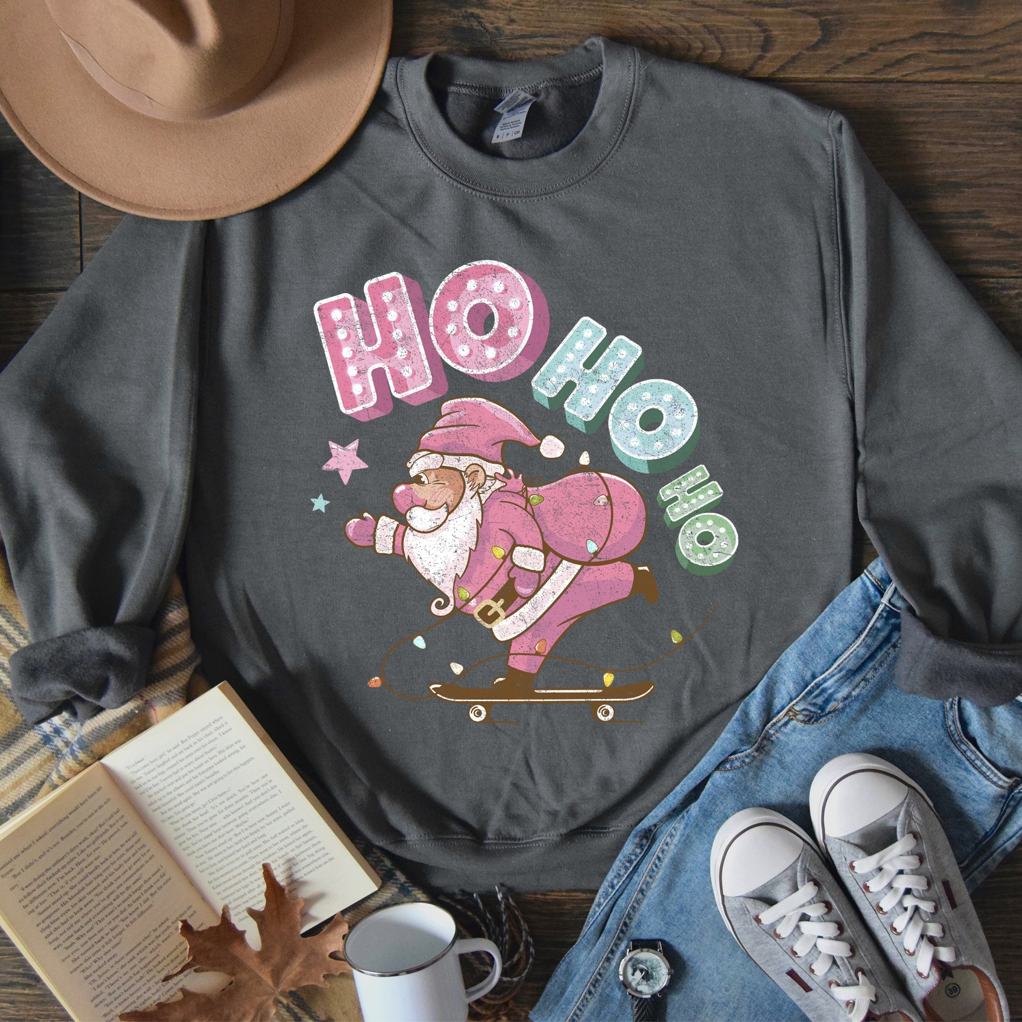 Ho Ho Ho Pink Skateboarding Santa Festive Holiday Cheer Retro Graphic Classic Sweatshirt