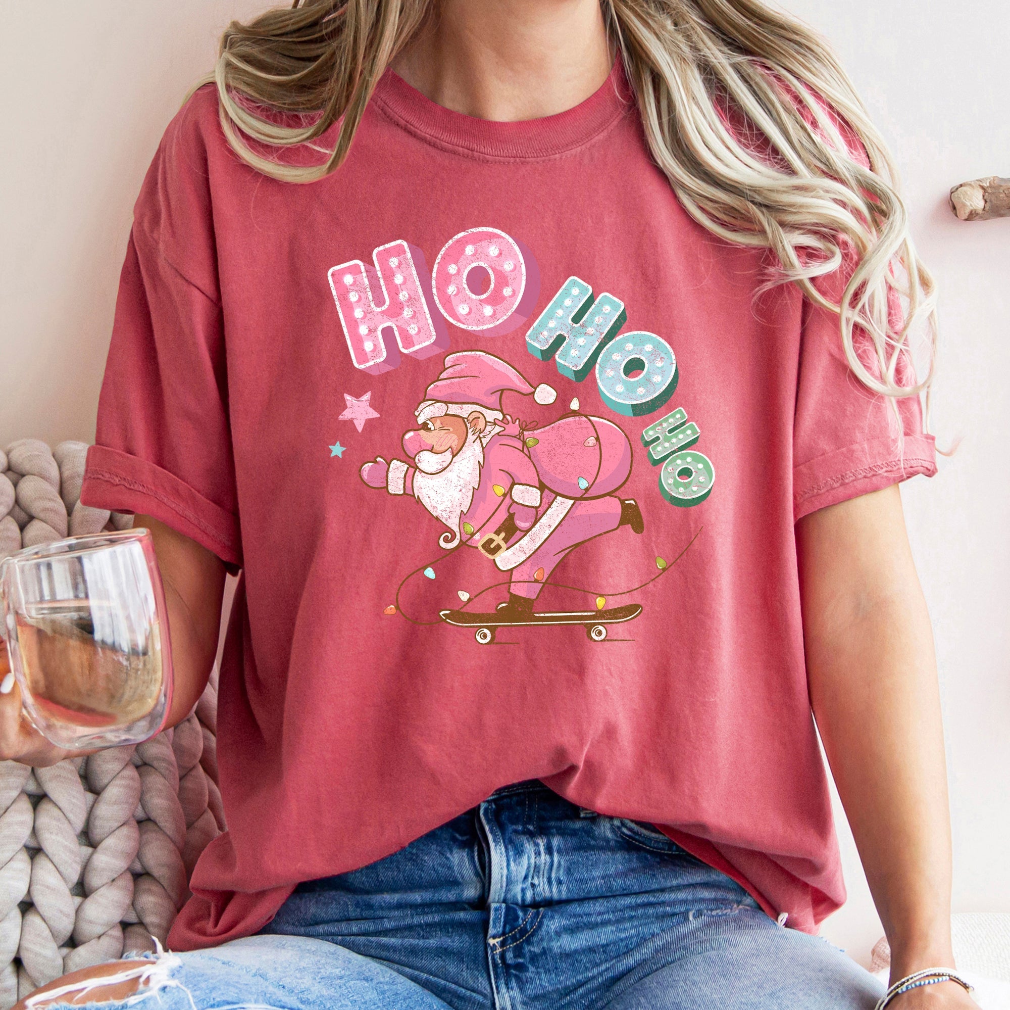 Ho Ho Ho Pink Skateboarding Santa Retro Christmas Graphic Holiday Edition Comfort Colors Tee